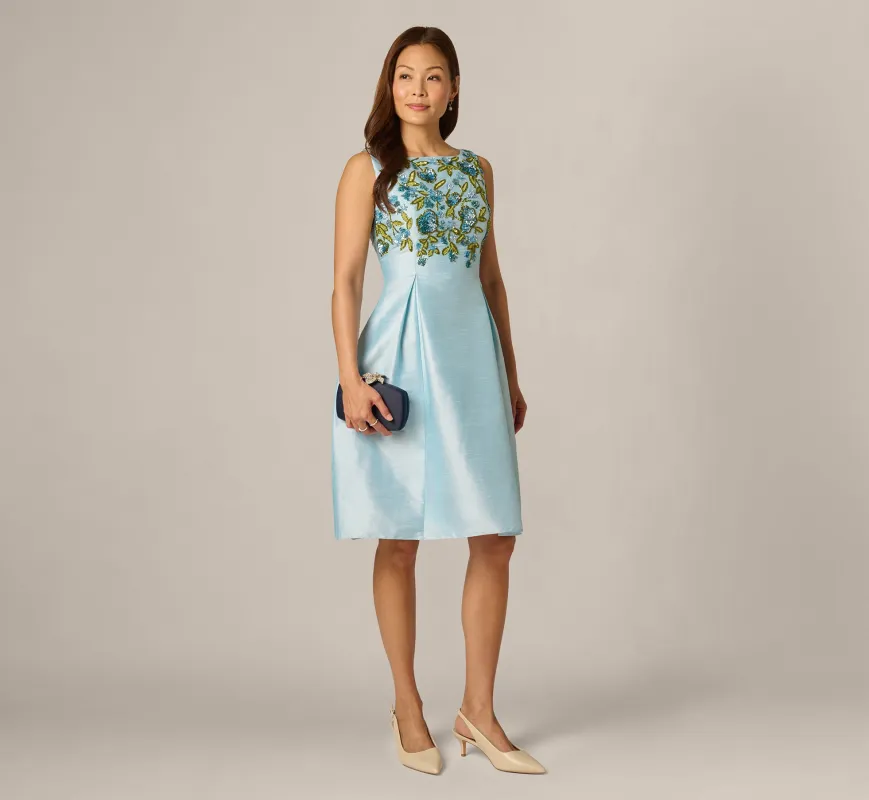 Floral Beaded Shantung Fit And Flare Dress In Sky Multi sold by Adrianna Papell