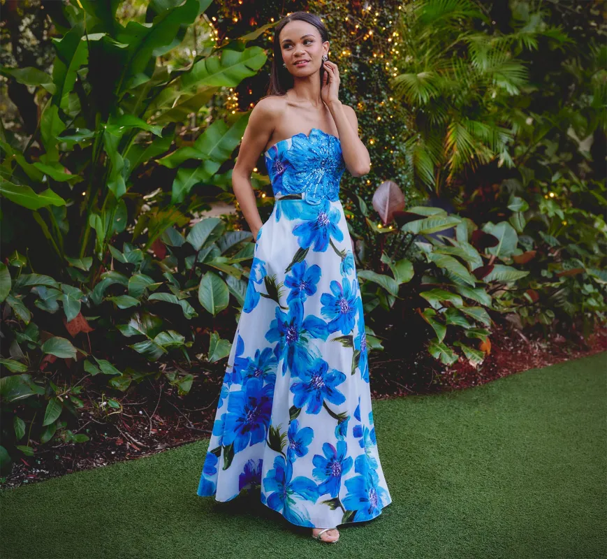 Strapless 3D Floral Beaded Dupioni Gown In Ivory Blue Multi sold by Adrianna Papell