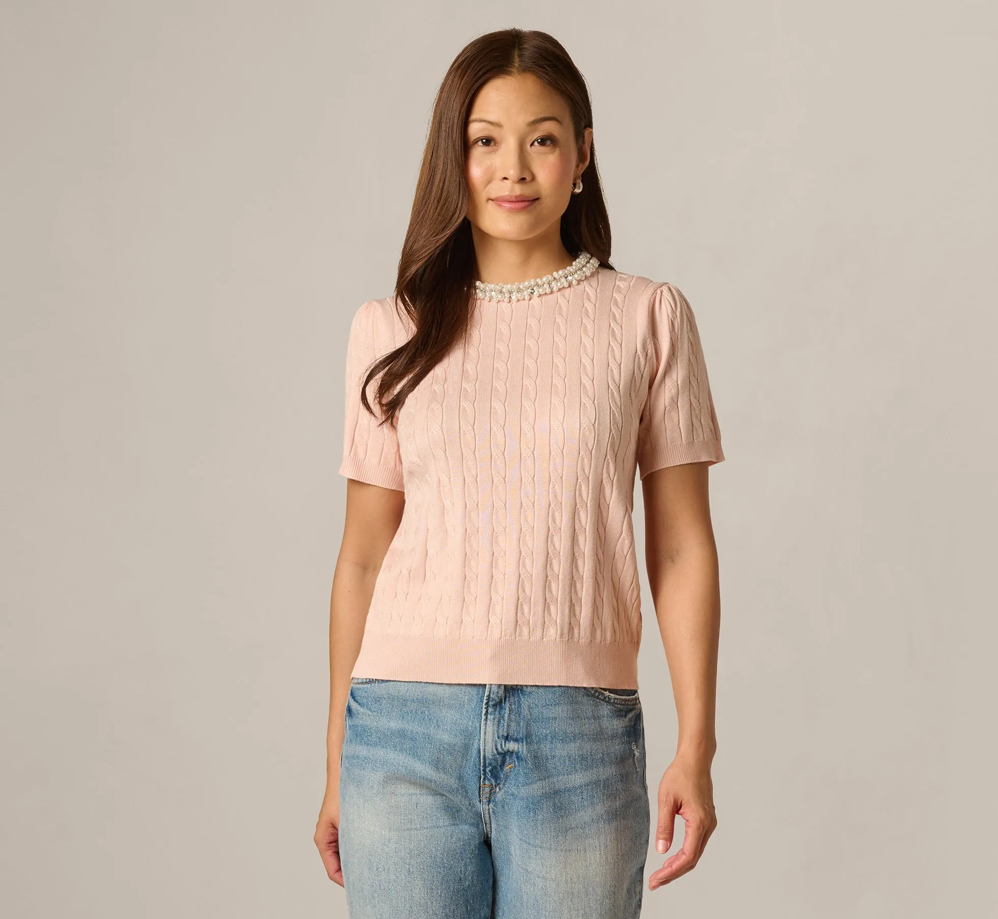 Short Sleeve Beaded Collar Pullover Sweater In Pink Whisper sold by Adrianna Papell product image thumbnail 3