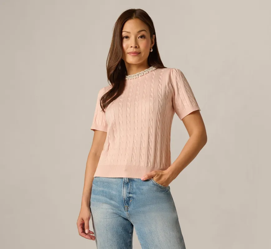 Short Sleeve Beaded Collar Pullover Sweater In Pink Whisper made by Adrianna Papell