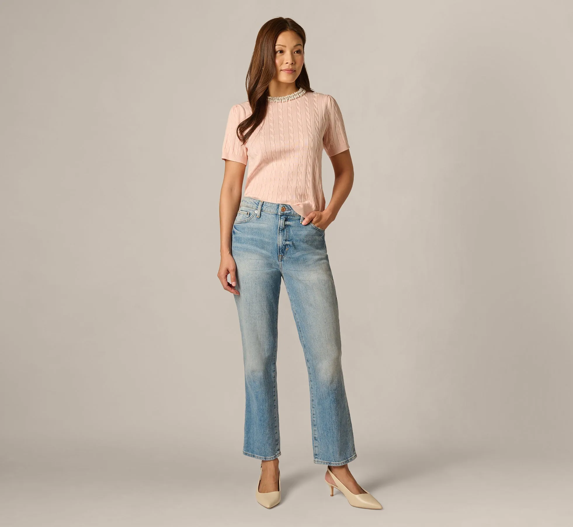 Short Sleeve Beaded Collar Pullover Sweater In Pink Whisper sold by Adrianna Papell product image thumbnail 2