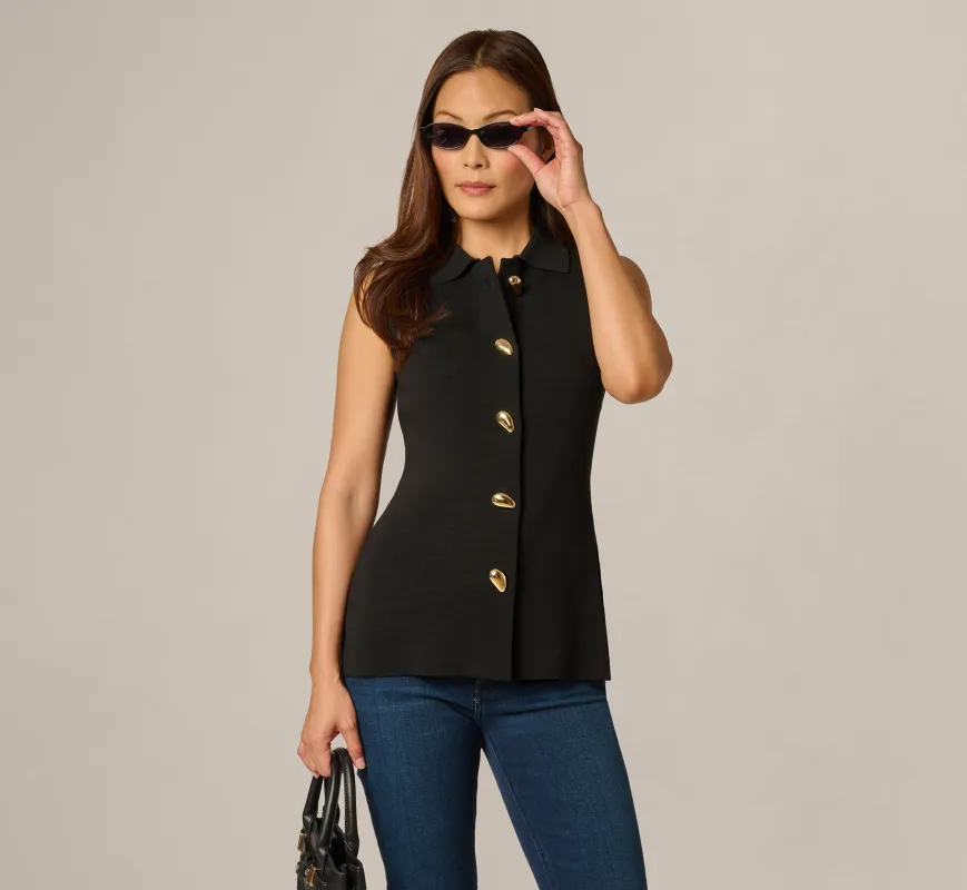 Abstract Button Front Knit Vest Top In Black sold by Adrianna Papell