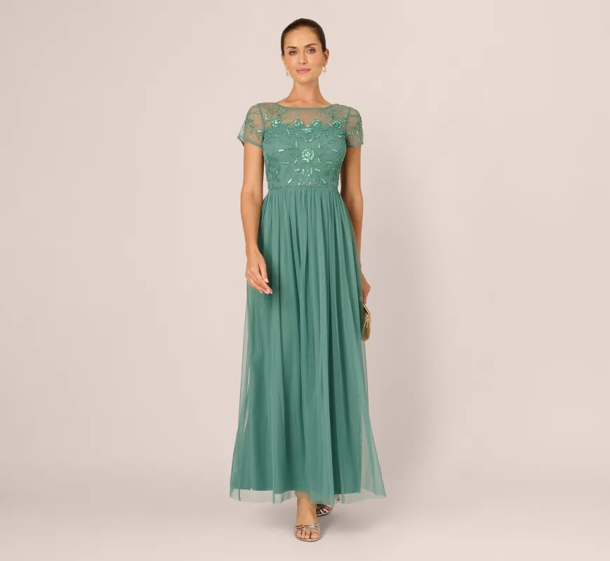 Short Sleeve A Line Beaded Illusion Dress In Green Slate sold by Adrianna Papell