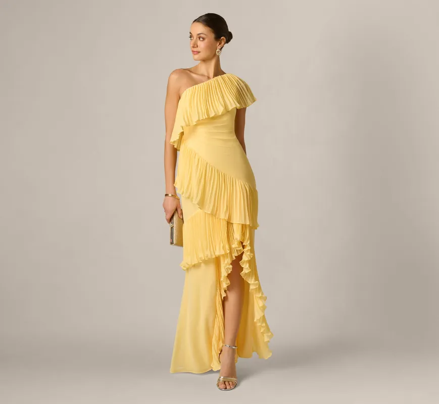 One Shoulder Pleated Flounce High Low Gown In Butter Yellow sold by Adrianna Papell