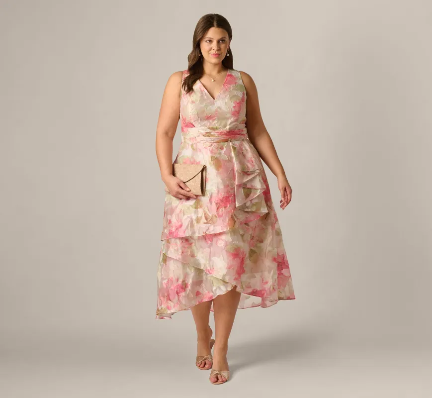 Plus Size Floral Organza Cascade High Low Midi Dress In Sage Multi made by Adrianna Papell