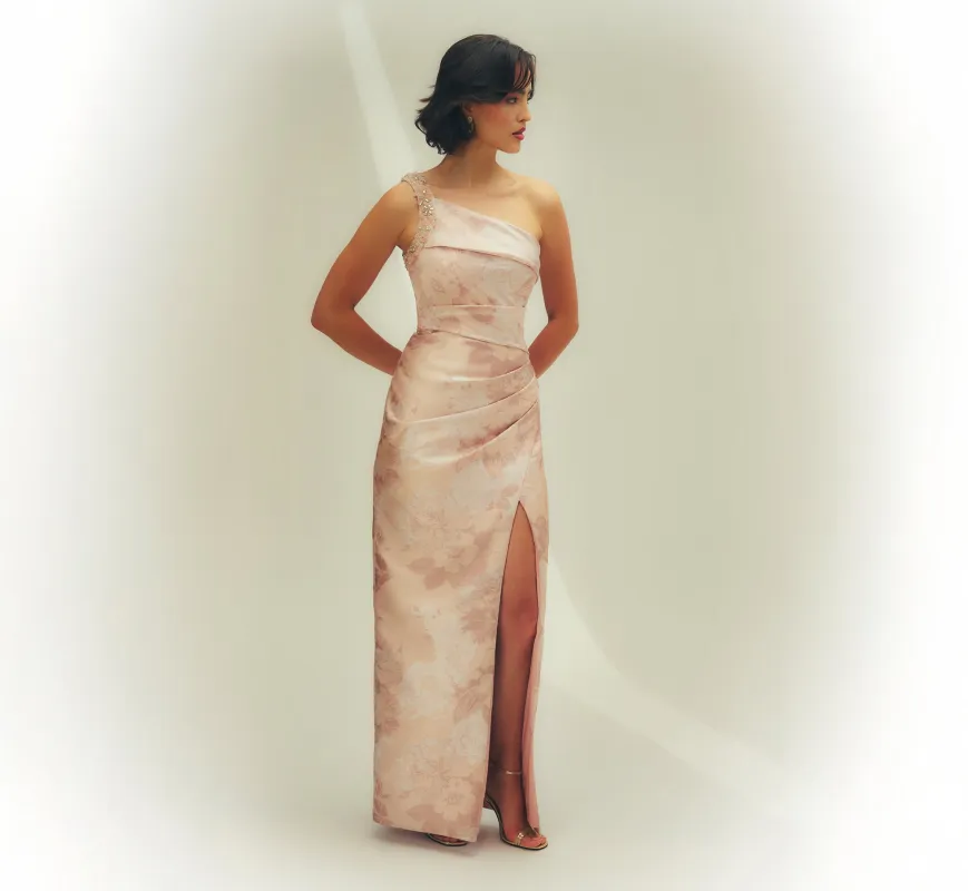 Beaded One Shoulder Floral Jacquard Draped Gown In Blush Multi sold by Adrianna Papell