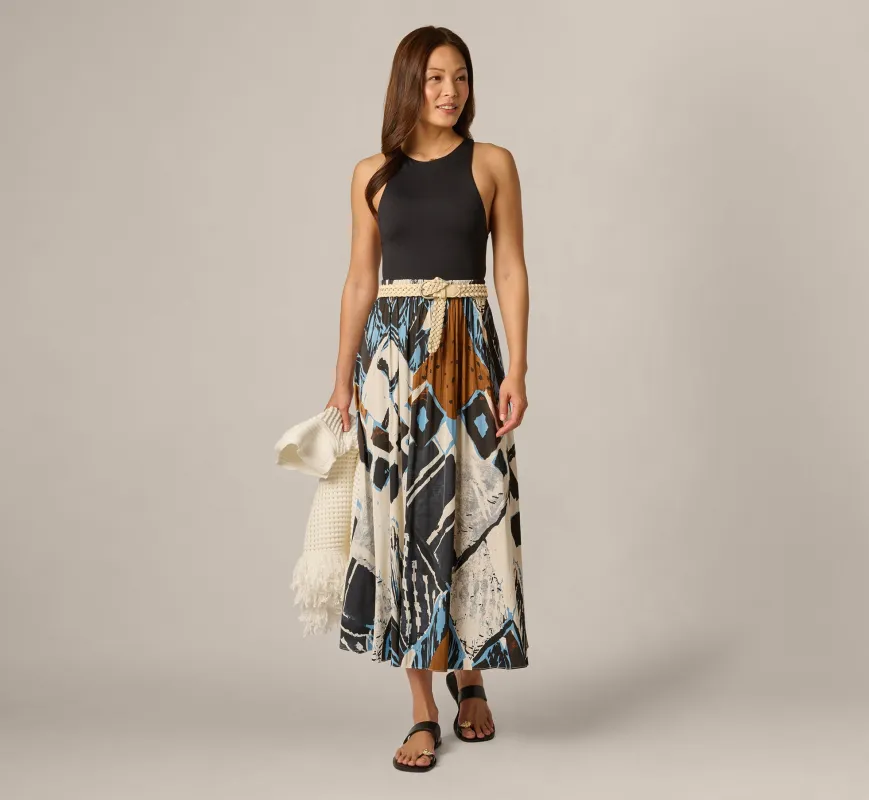 Printed Side Slit A Line Midi Skirt In Blue Diamond Tiki sold by Adrianna Papell