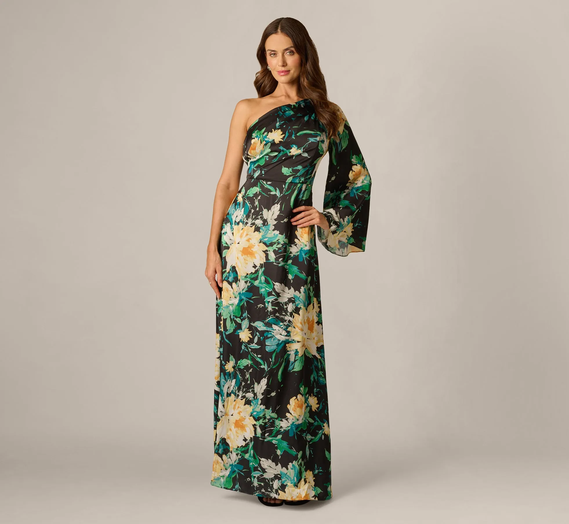 One Shoulder Long Sleeve Floral Satin Gown In Black Multi sold by Adrianna Papell product image thumbnail 3