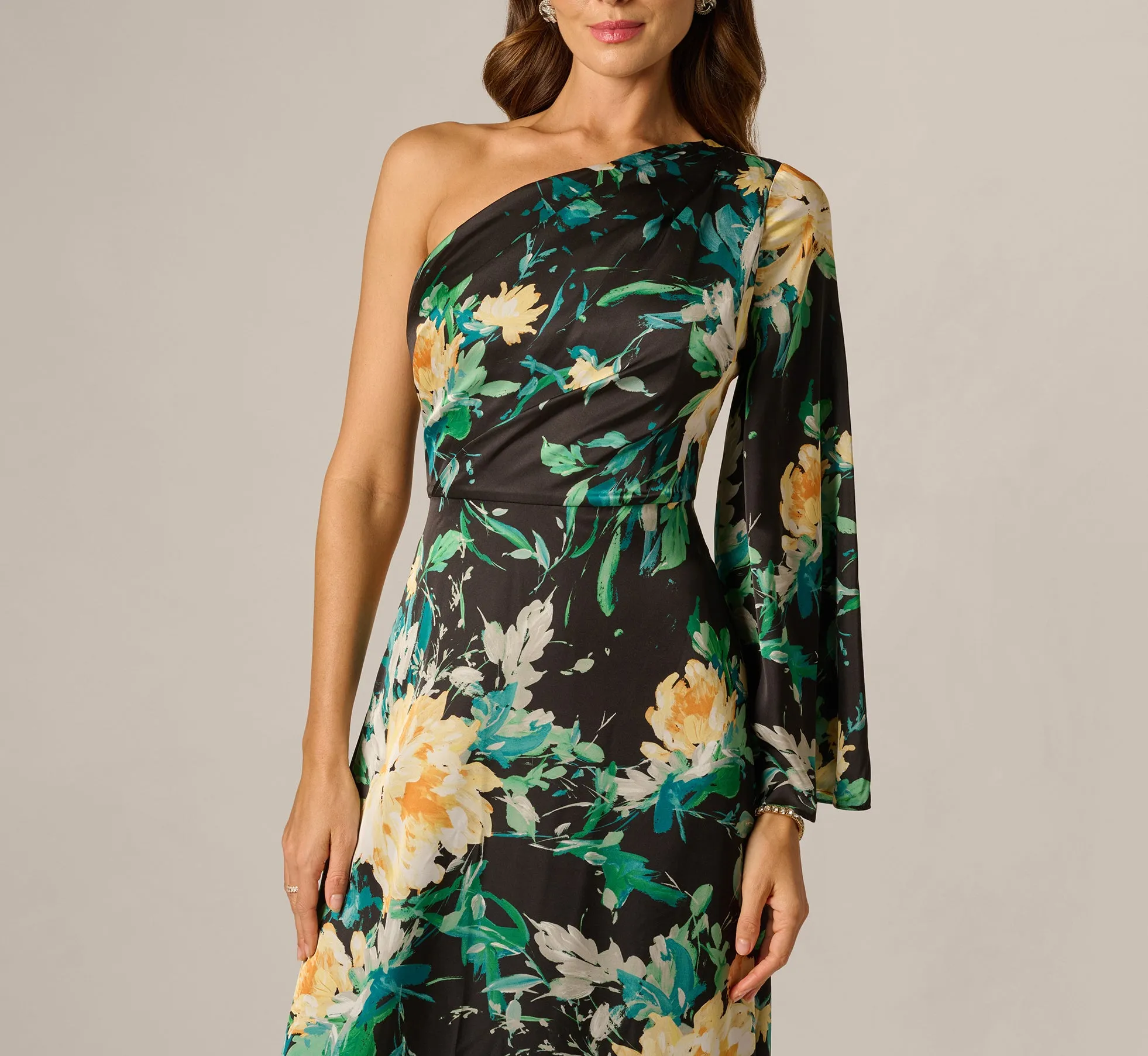 One Shoulder Long Sleeve Floral Satin Gown In Black Multi sold by Adrianna Papell product image thumbnail 4