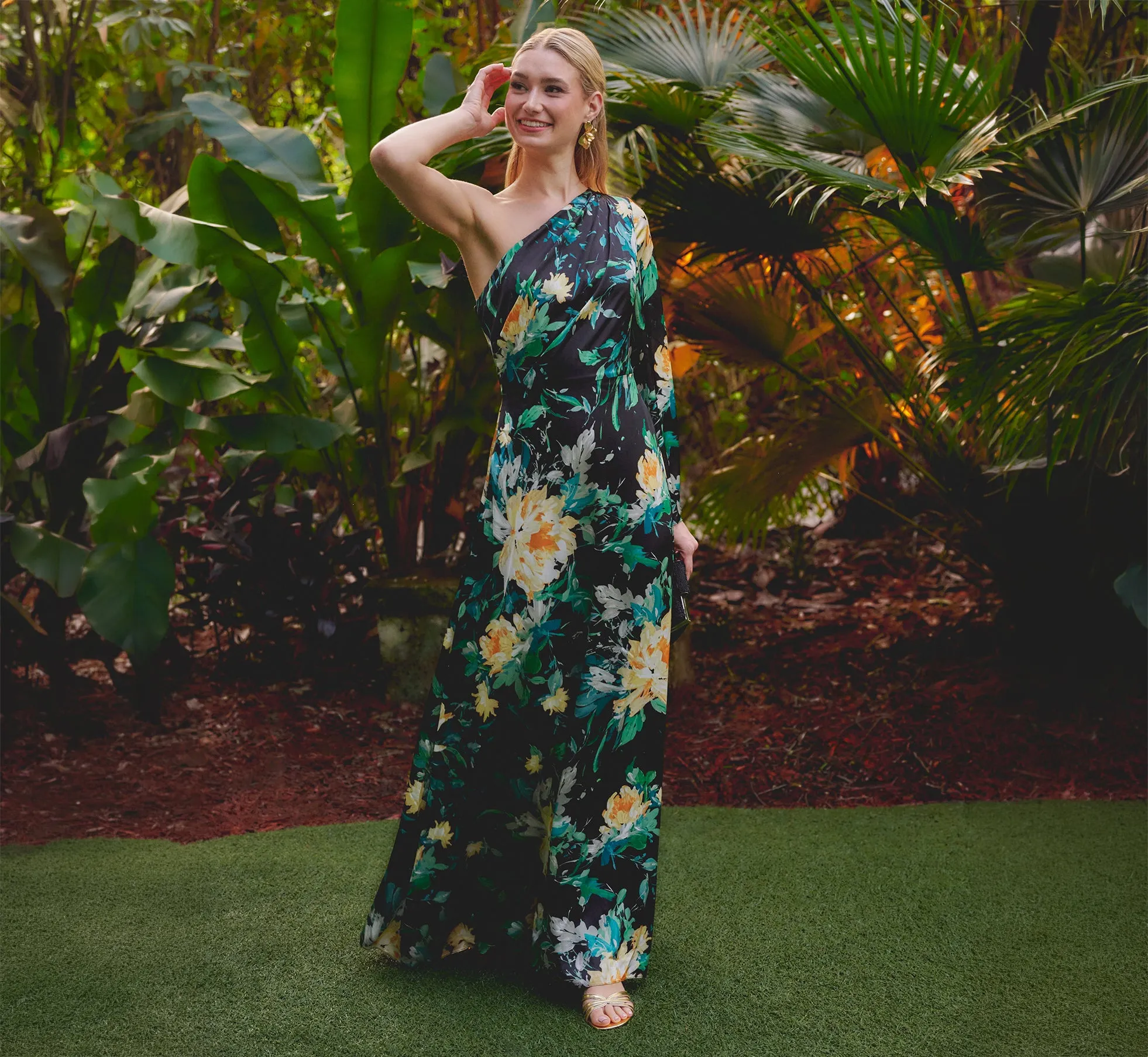 One Shoulder Long Sleeve Floral Satin Gown In Black Multi sold by Adrianna Papell