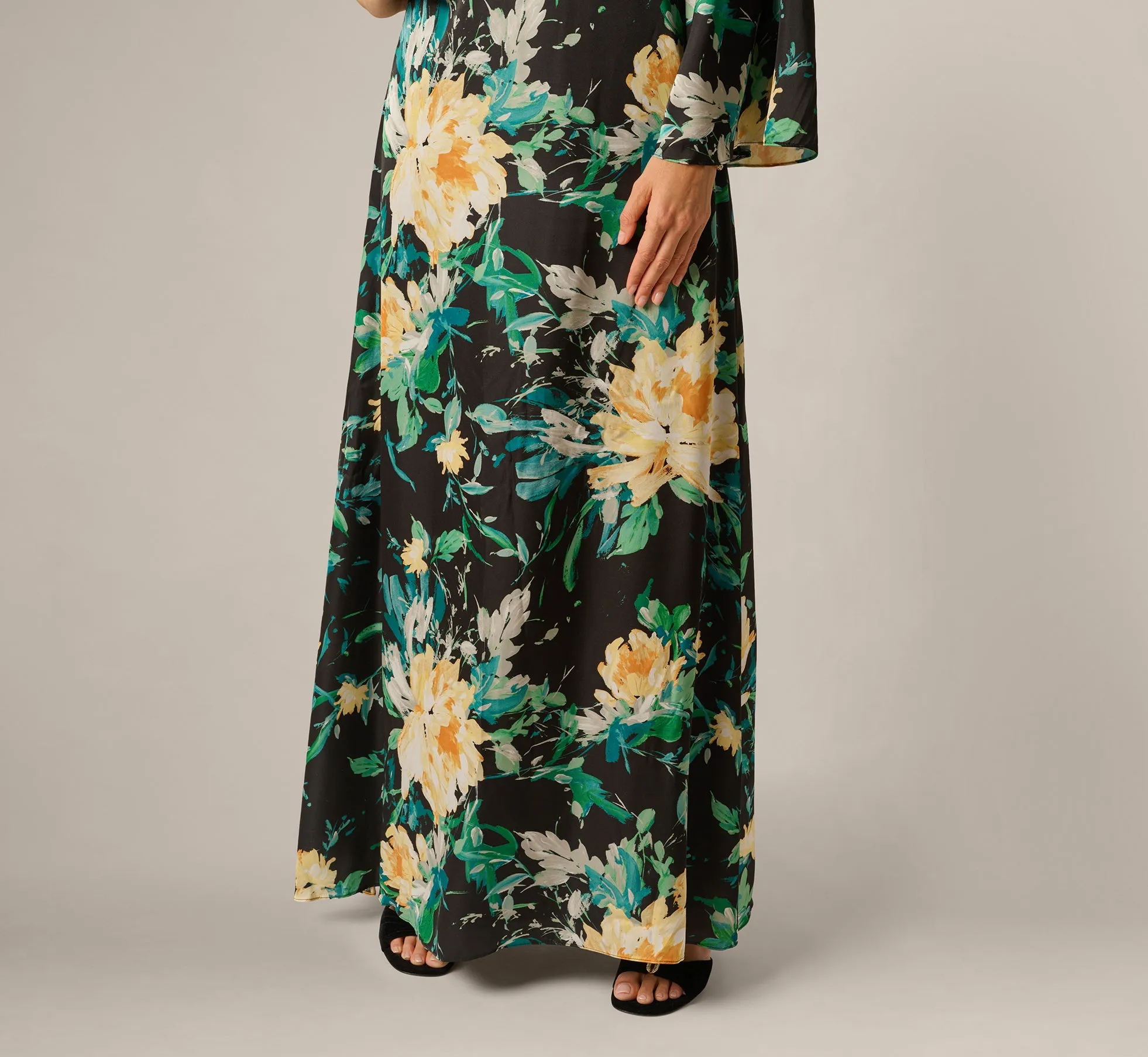 One Shoulder Long Sleeve Floral Satin Gown In Black Multi sold by Adrianna Papell product image thumbnail 5
