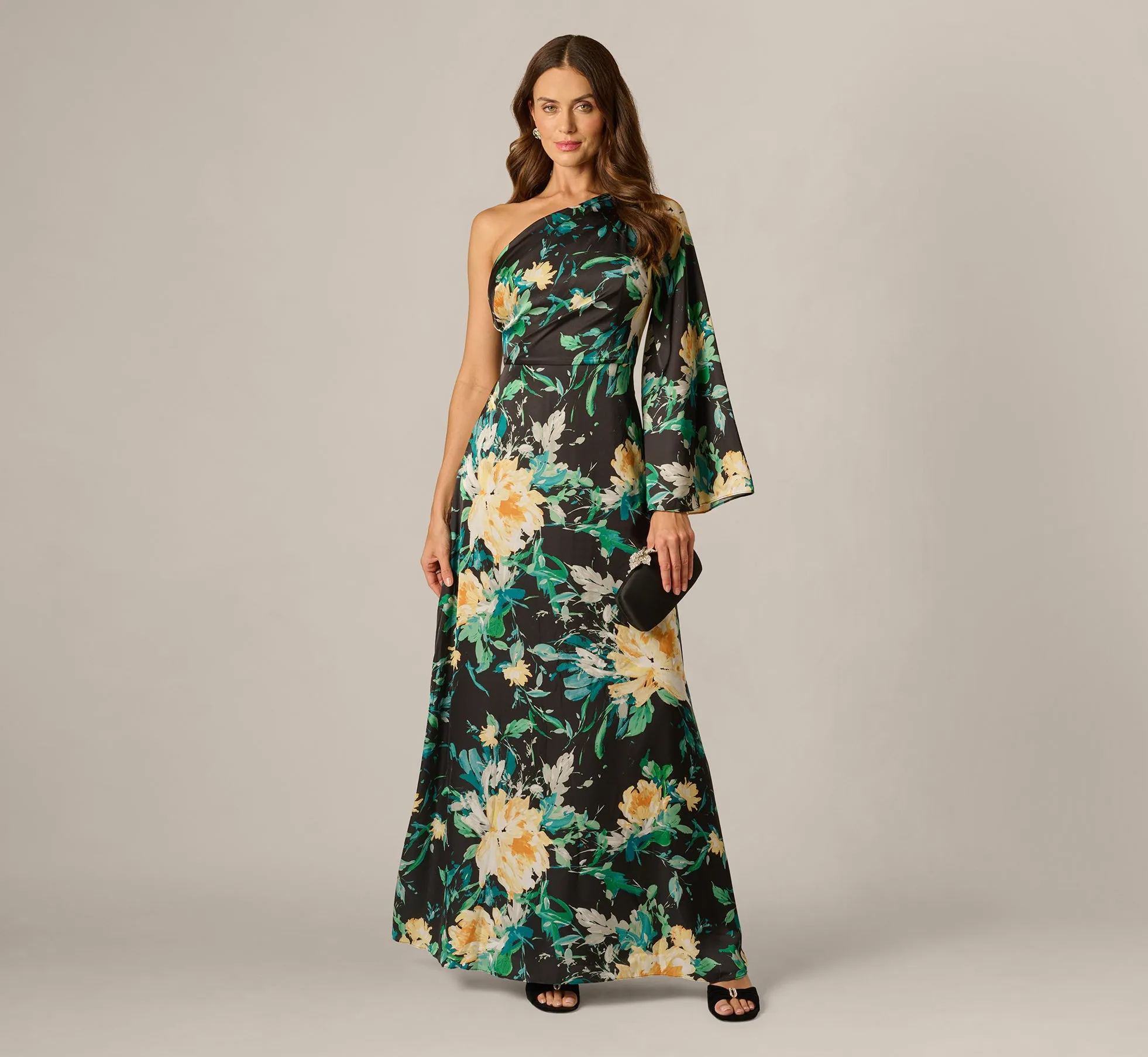 One Shoulder Long Sleeve Floral Satin Gown In Black Multi sold by Adrianna Papell product image thumbnail 2