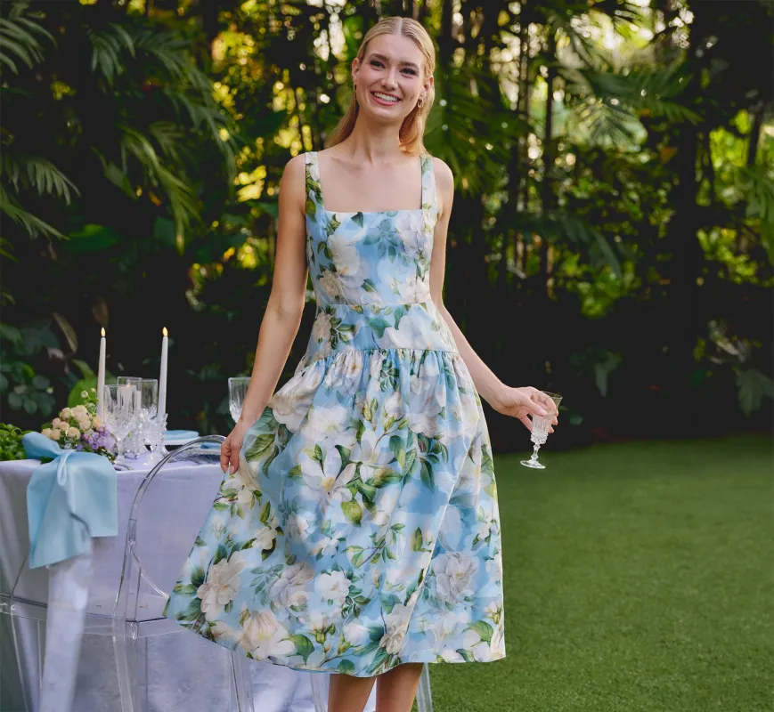 Square Neck Drop Waist Floral Jacquard Dress In Blue Multi made by Adrianna Papell