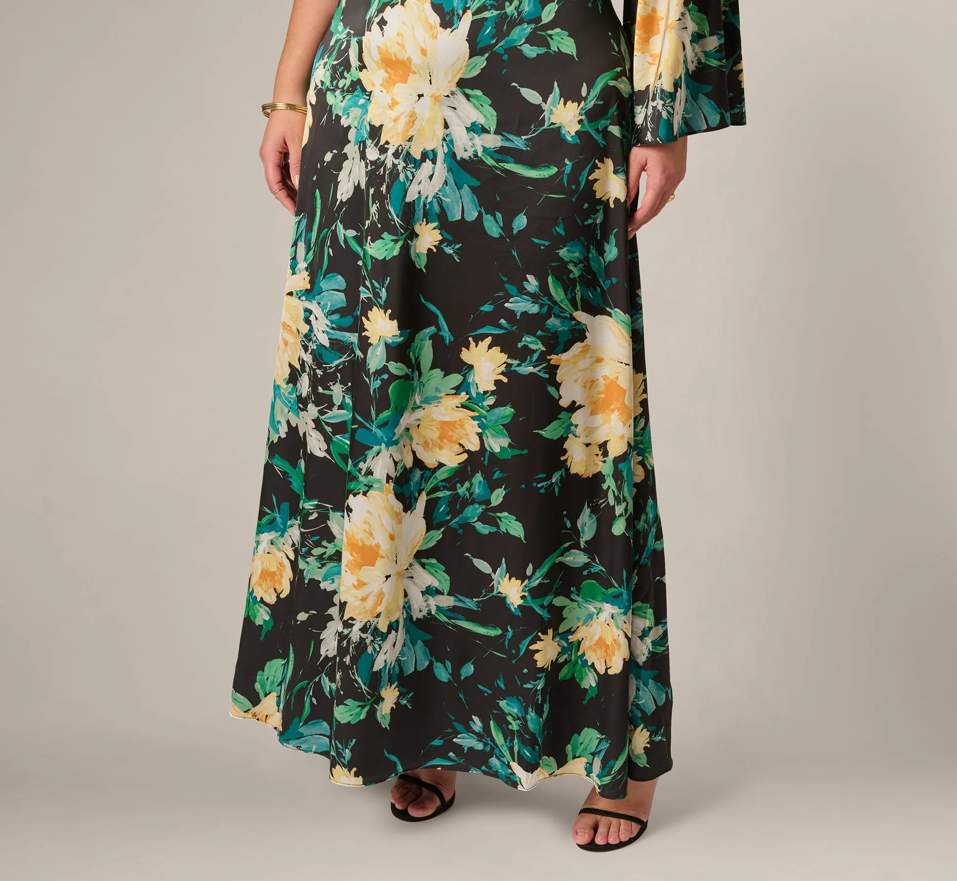 Plus Size One Shoulder Long Sleeve Floral Satin Gown In Black Multi sold by Adrianna Papell product image thumbnail 4