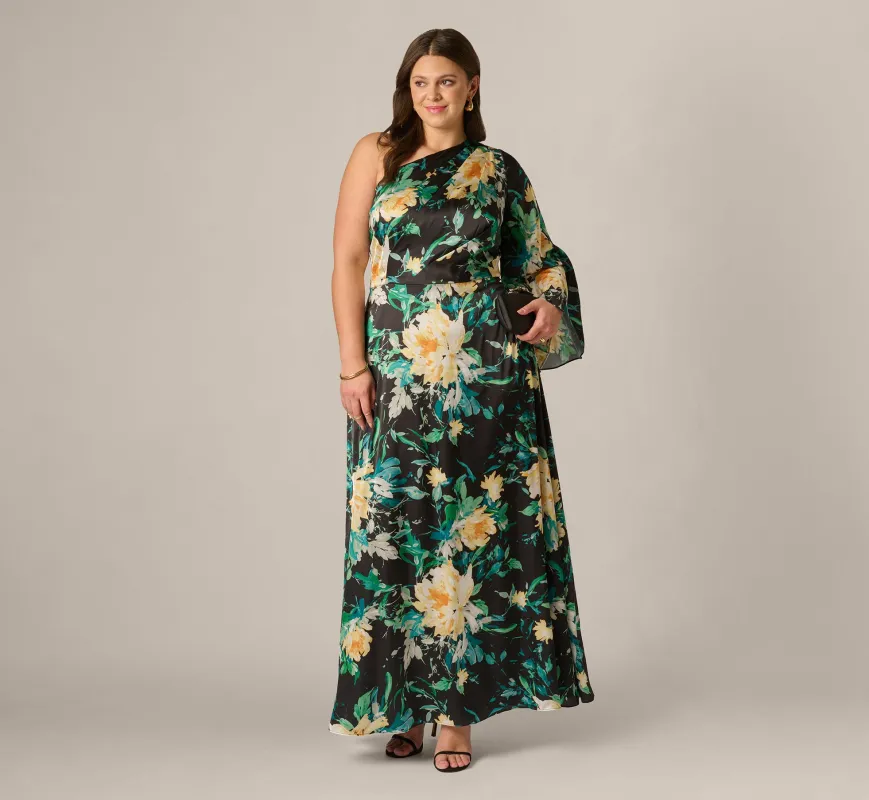 Plus Size One Shoulder Long Sleeve Floral Satin Gown In Black Multi made by Adrianna Papell