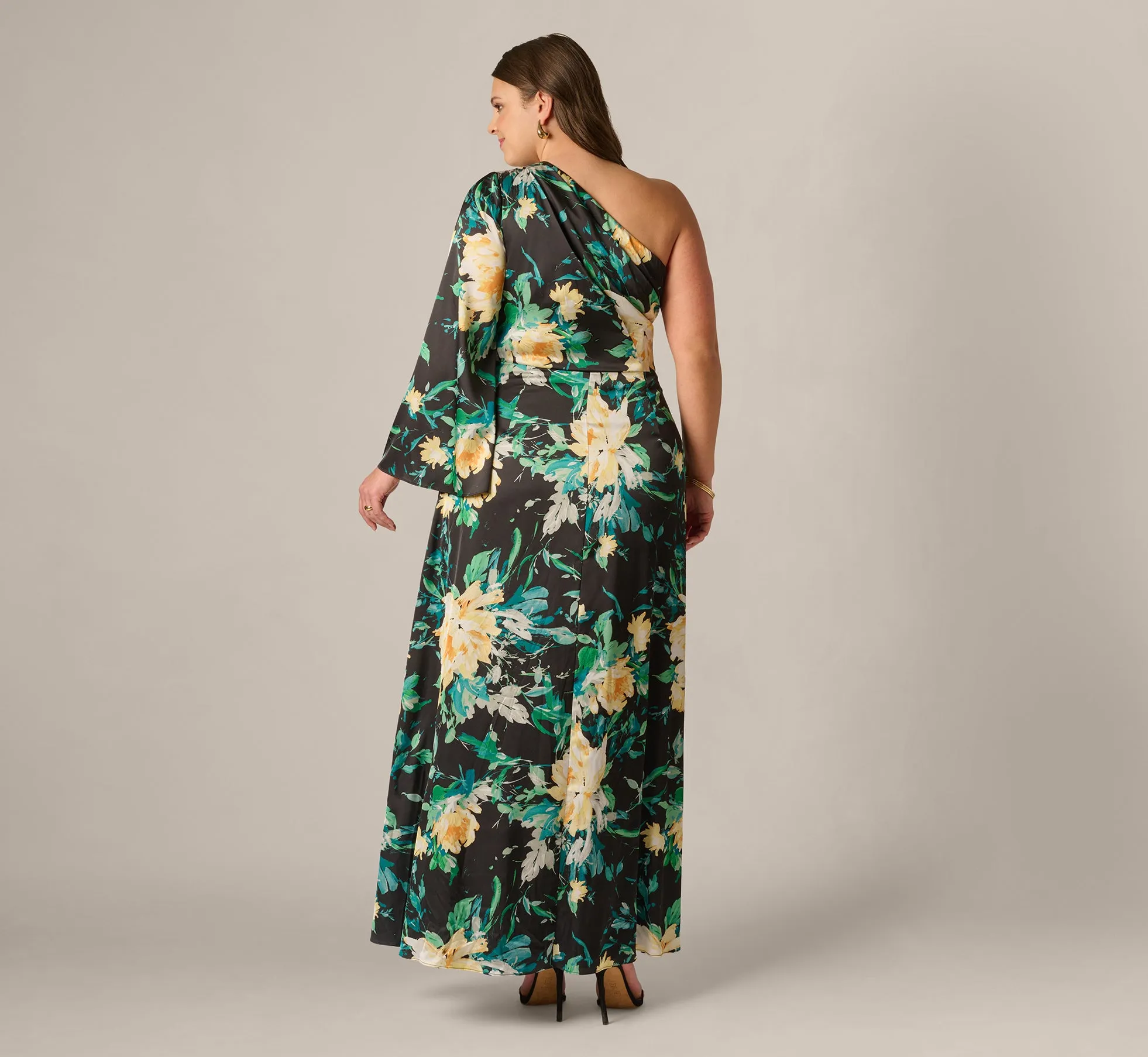 Plus Size One Shoulder Long Sleeve Floral Satin Gown In Black Multi sold by Adrianna Papell product image thumbnail 5