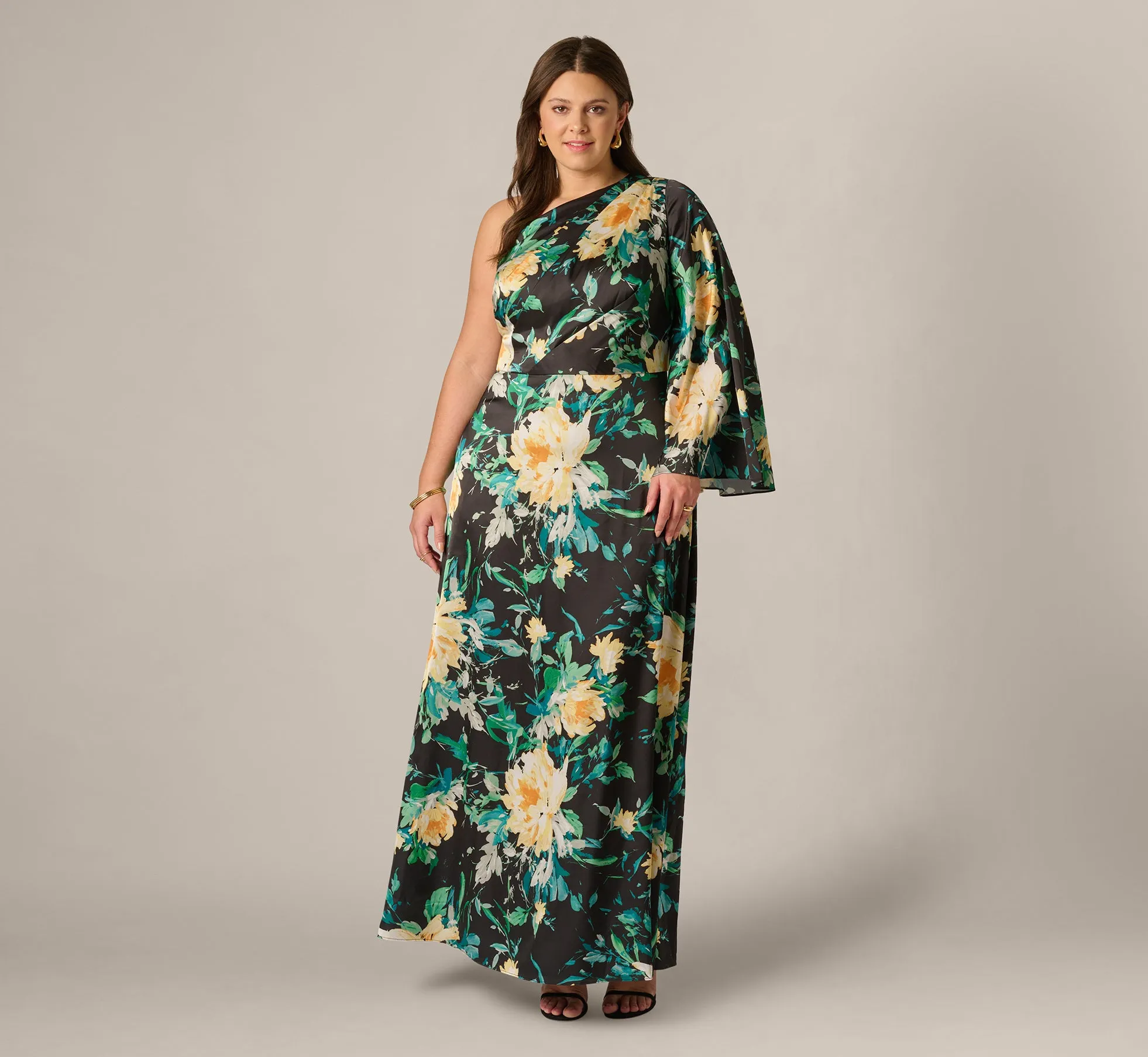 Plus Size One Shoulder Long Sleeve Floral Satin Gown In Black Multi sold by Adrianna Papell product image thumbnail 2
