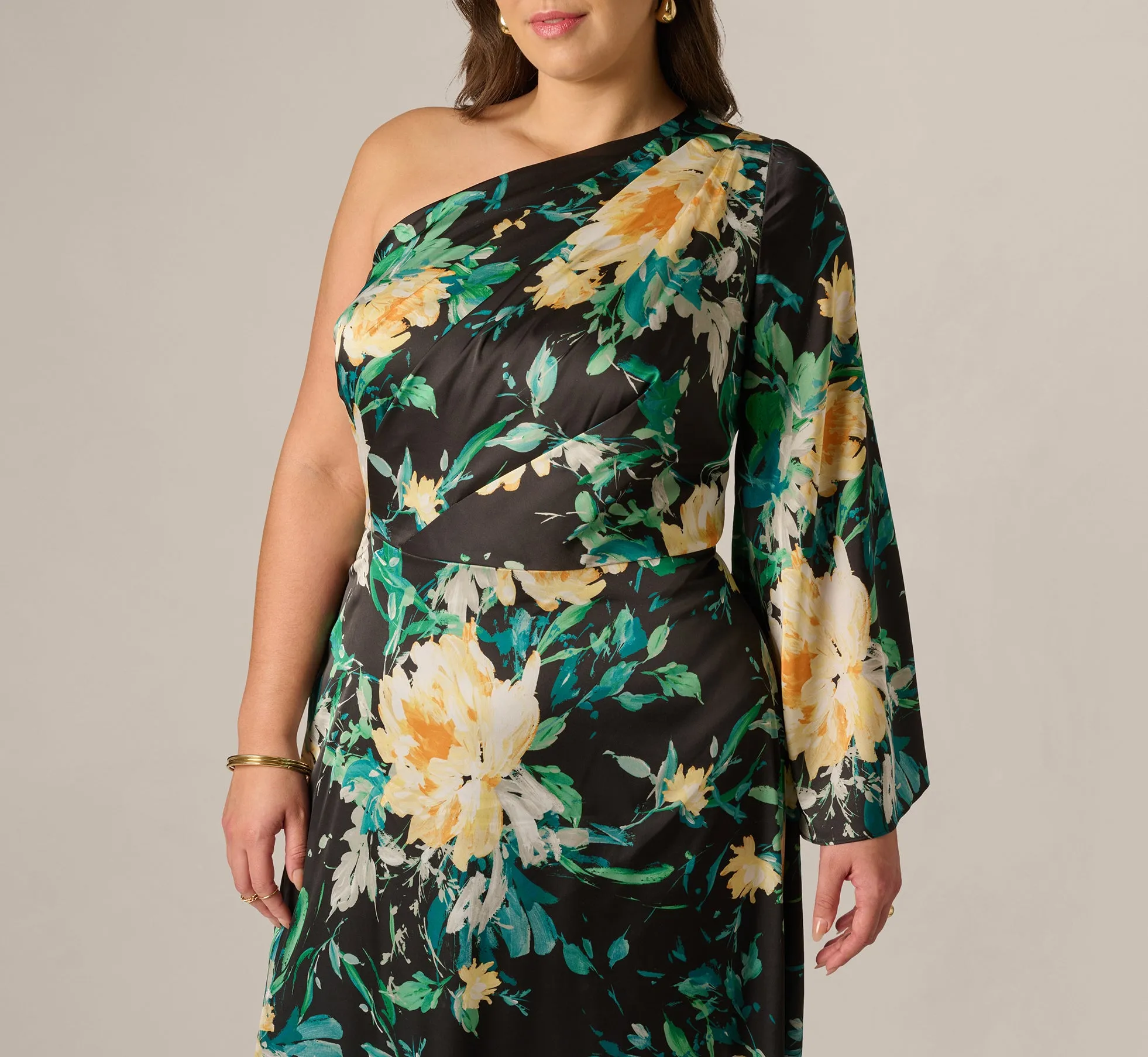 Plus Size One Shoulder Long Sleeve Floral Satin Gown In Black Multi sold by Adrianna Papell product image thumbnail 3