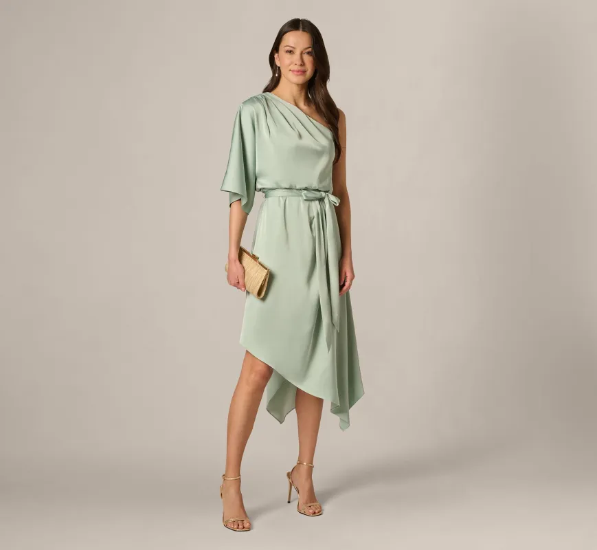 Asymmetrical Draped Stretch Satin Midi Dress In Icy Sage made by Adrianna Papell