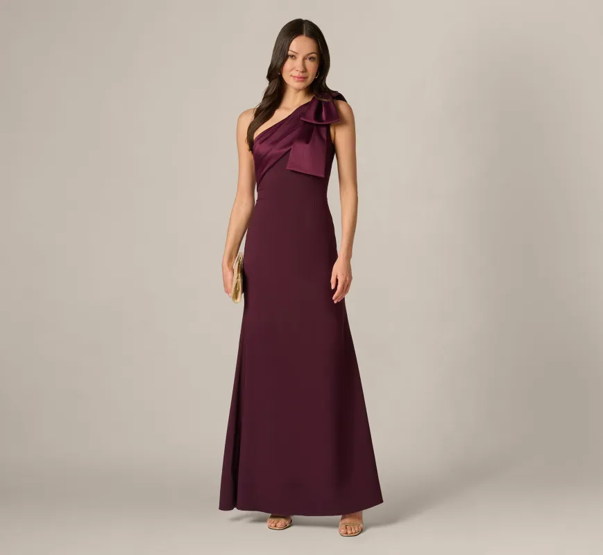 One Shoulder Satin Bow Crepe Gown In Bordeaux Glow made by Adrianna Papell