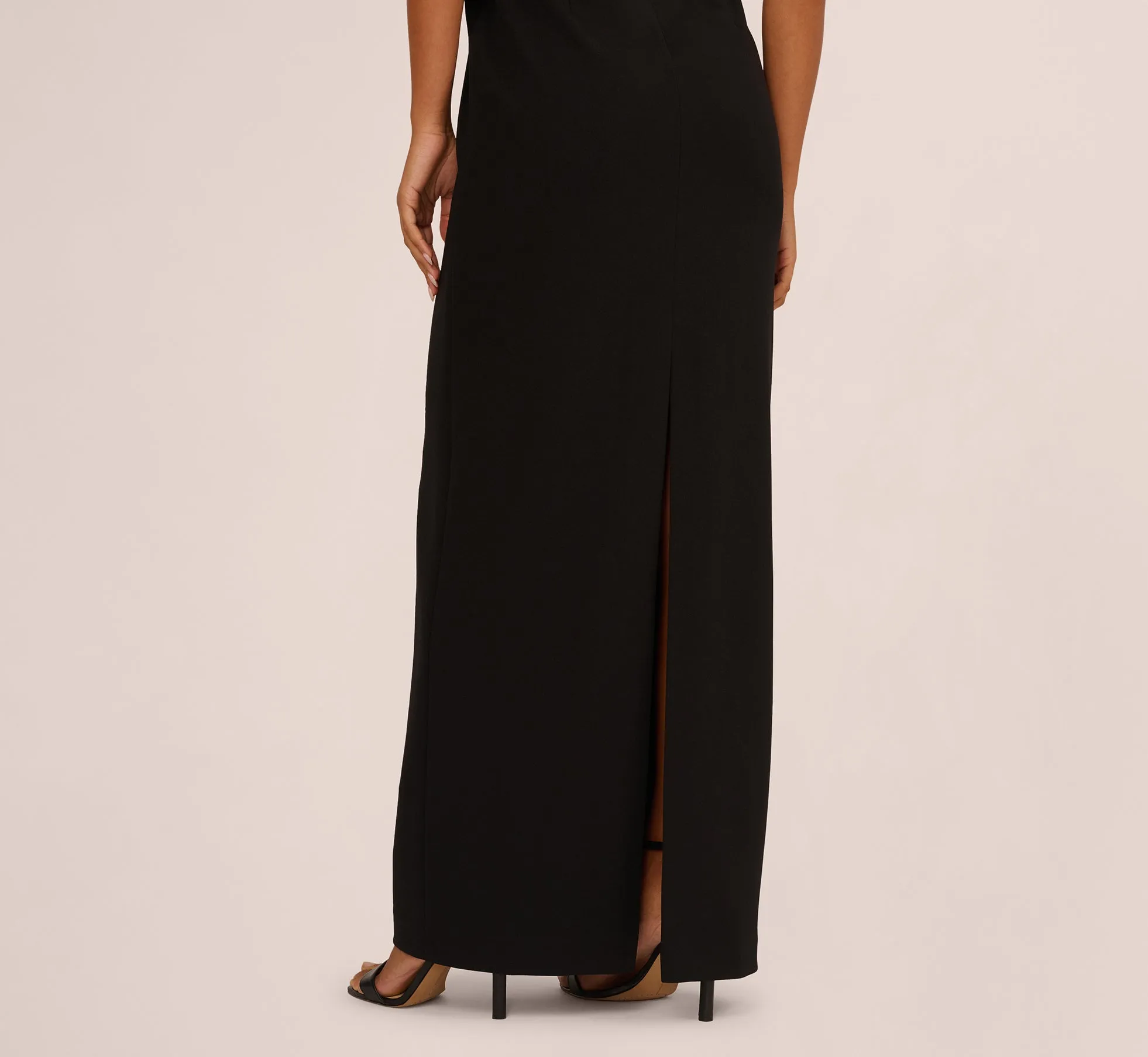 Short Sleeve Stretch Crepe Pearly Beaded Gown In Black Ivory sold by Adrianna Papell product image thumbnail 4