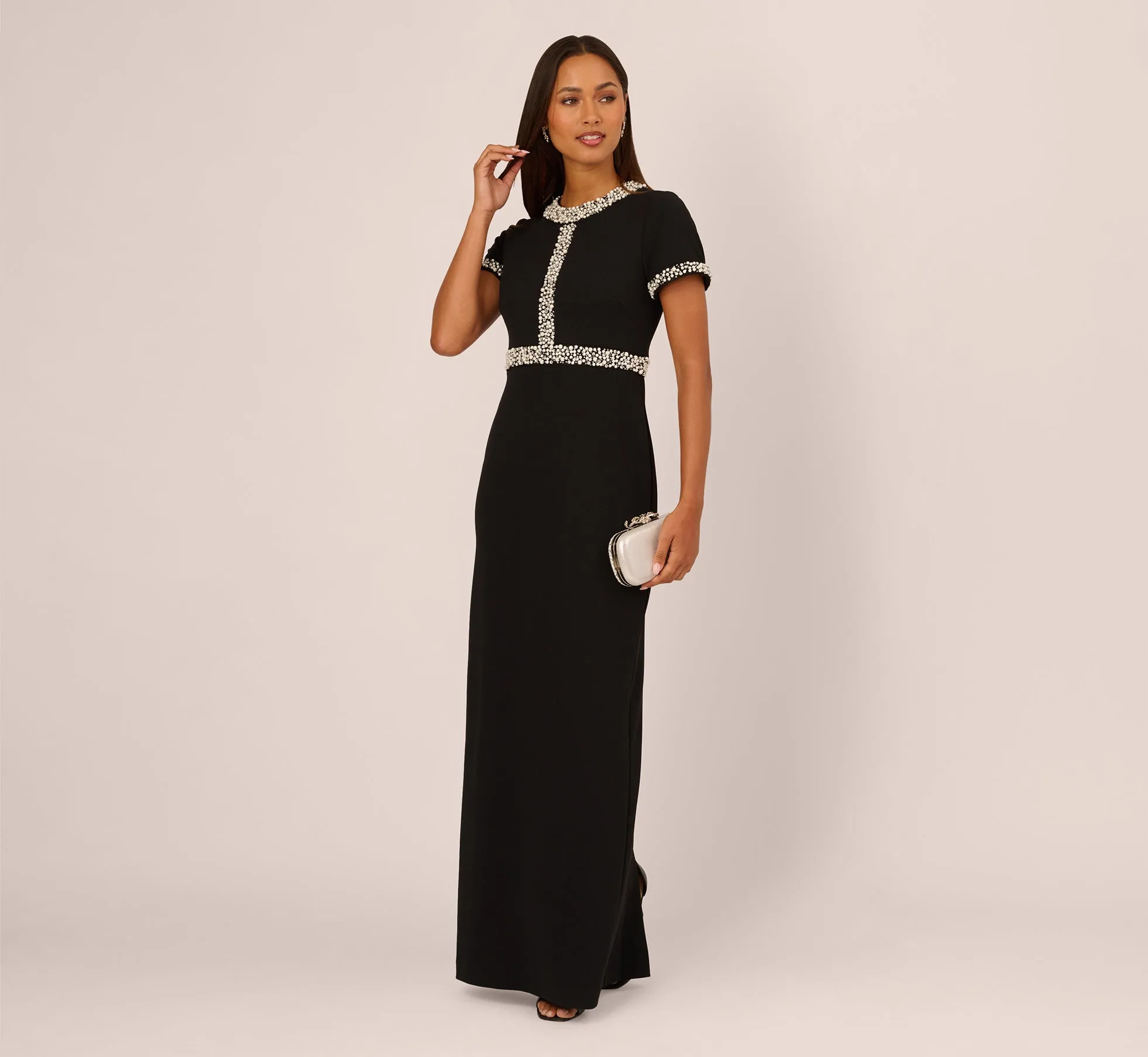 Short Sleeve Stretch Crepe Pearly Beaded Gown In Black Ivory sold by Adrianna Papell