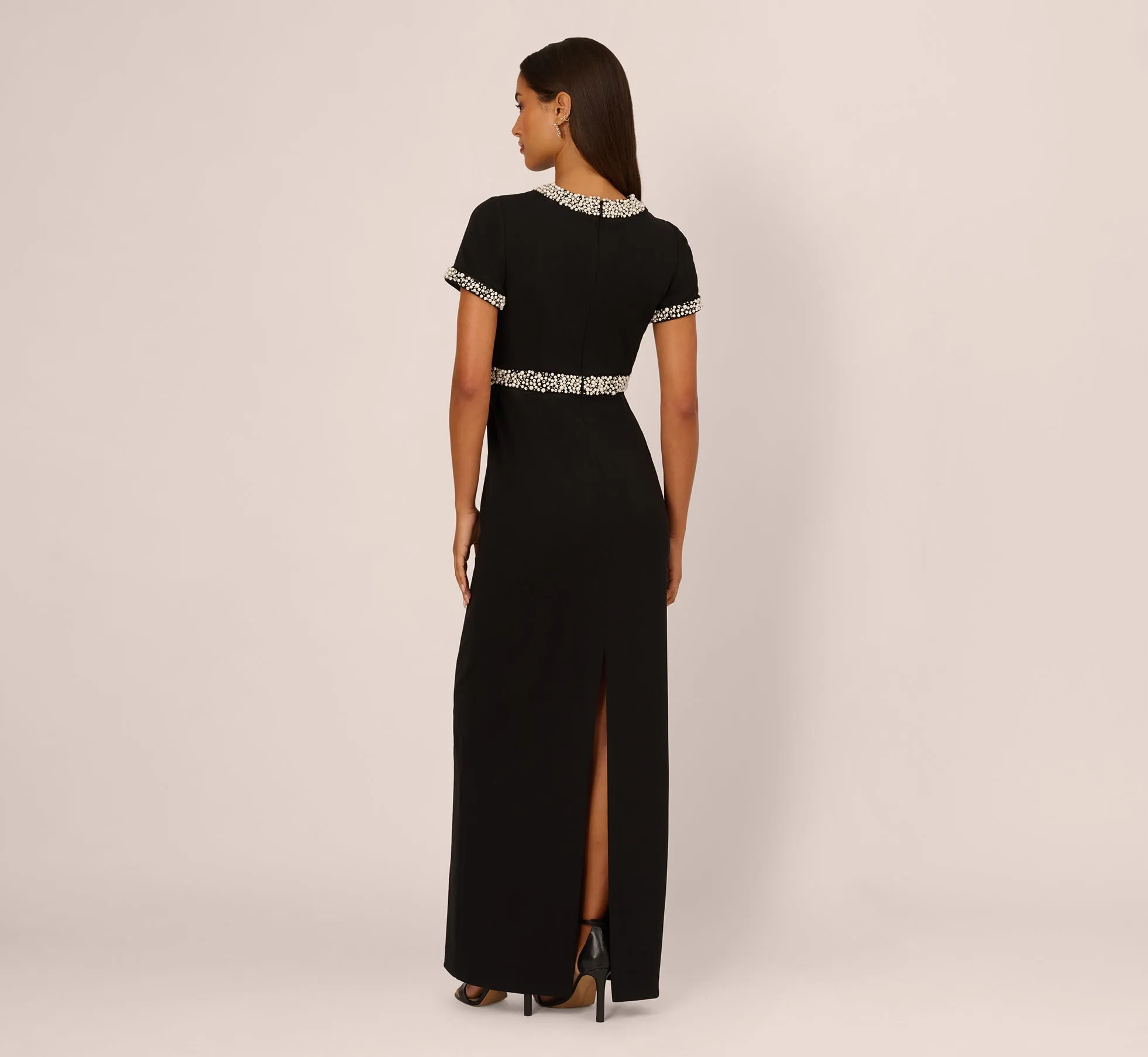 Short Sleeve Stretch Crepe Pearly Beaded Gown In Black Ivory sold by Adrianna Papell product image thumbnail 5
