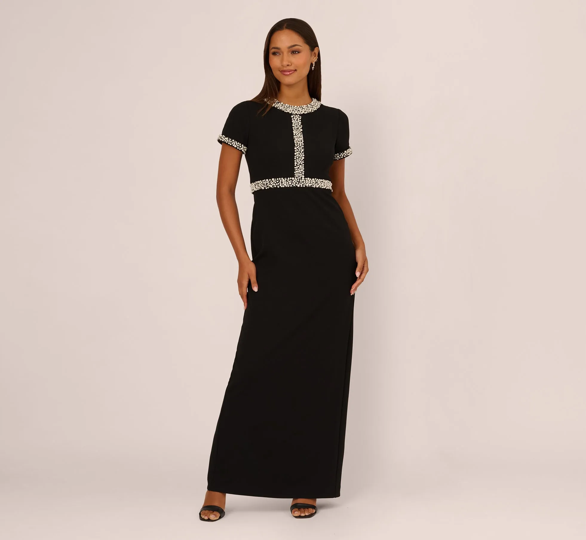 Short Sleeve Stretch Crepe Pearly Beaded Gown In Black Ivory sold by Adrianna Papell product image thumbnail 2