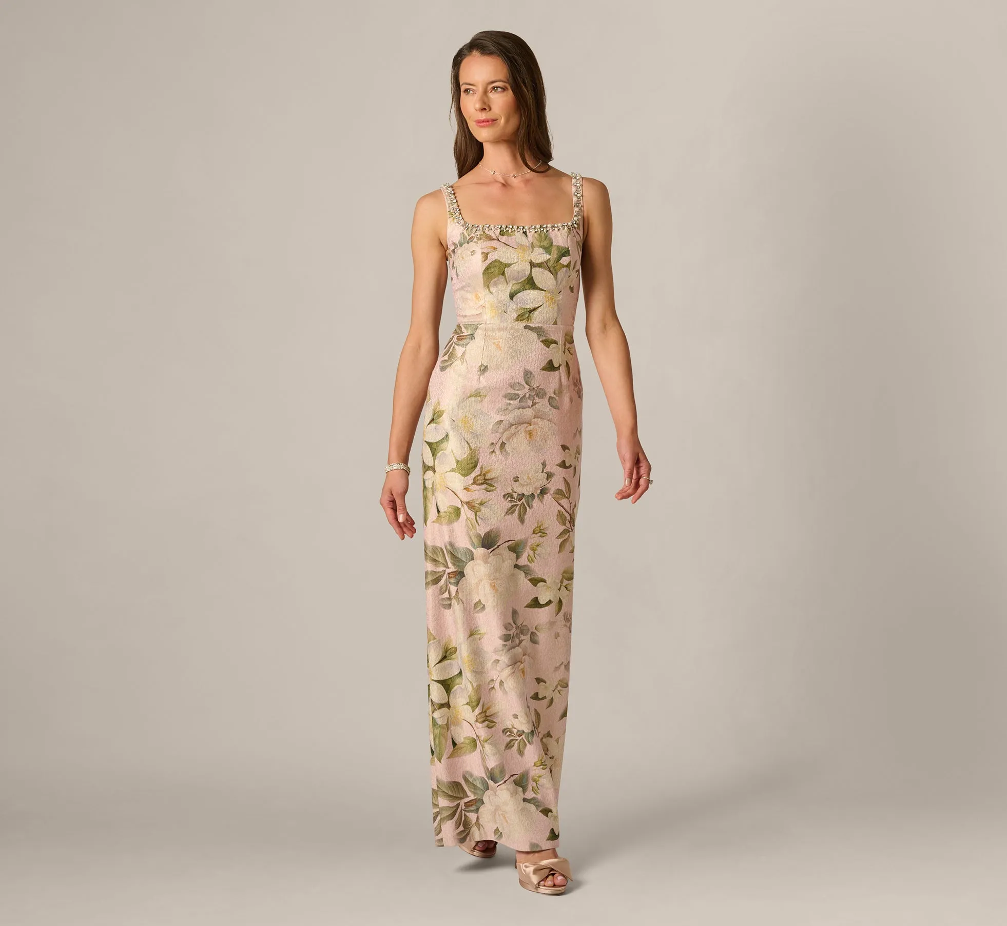 Beaded Square Neck Floral Jacquard Gown In Blush Multi sold by Adrianna Papell product image thumbnail 3