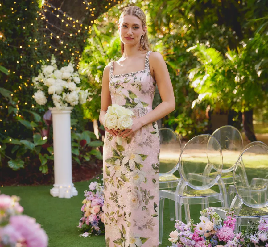 Beaded Square Neck Floral Jacquard Gown In Blush Multi sold by Adrianna Papell