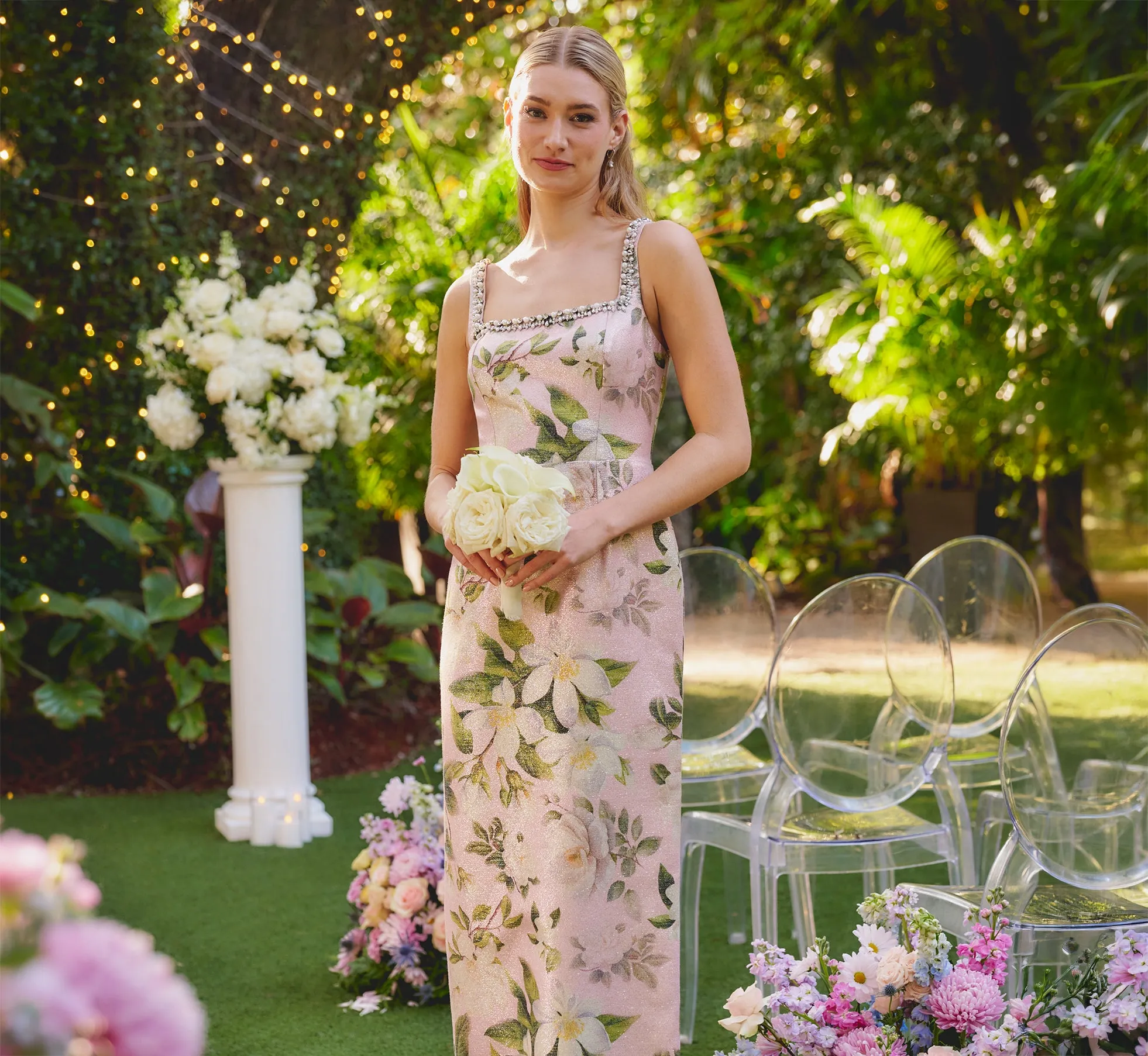 Beaded Square Neck Floral Jacquard Gown In Blush Multi sold by Adrianna Papell