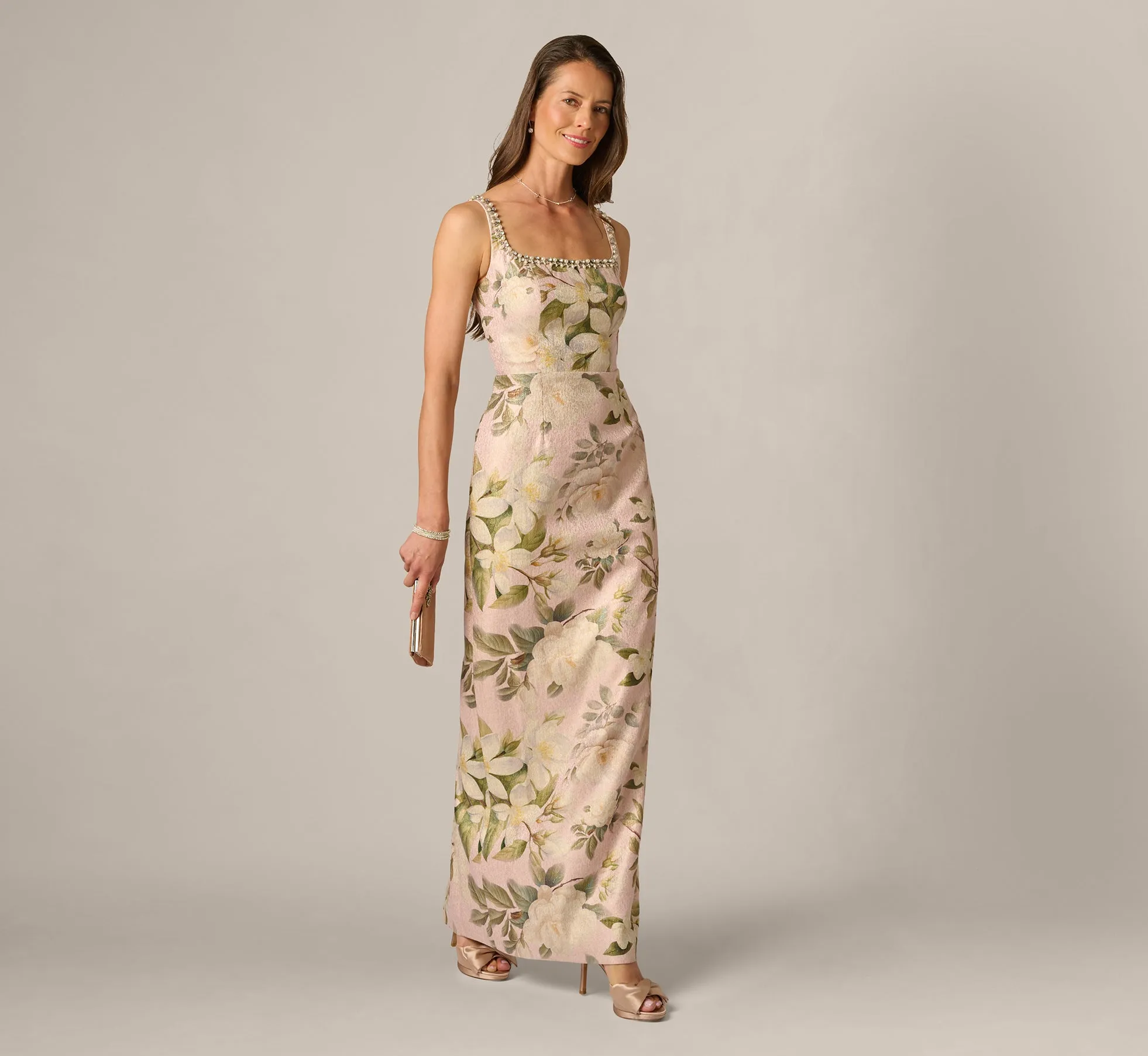 Beaded Square Neck Floral Jacquard Gown In Blush Multi sold by Adrianna Papell product image thumbnail 2