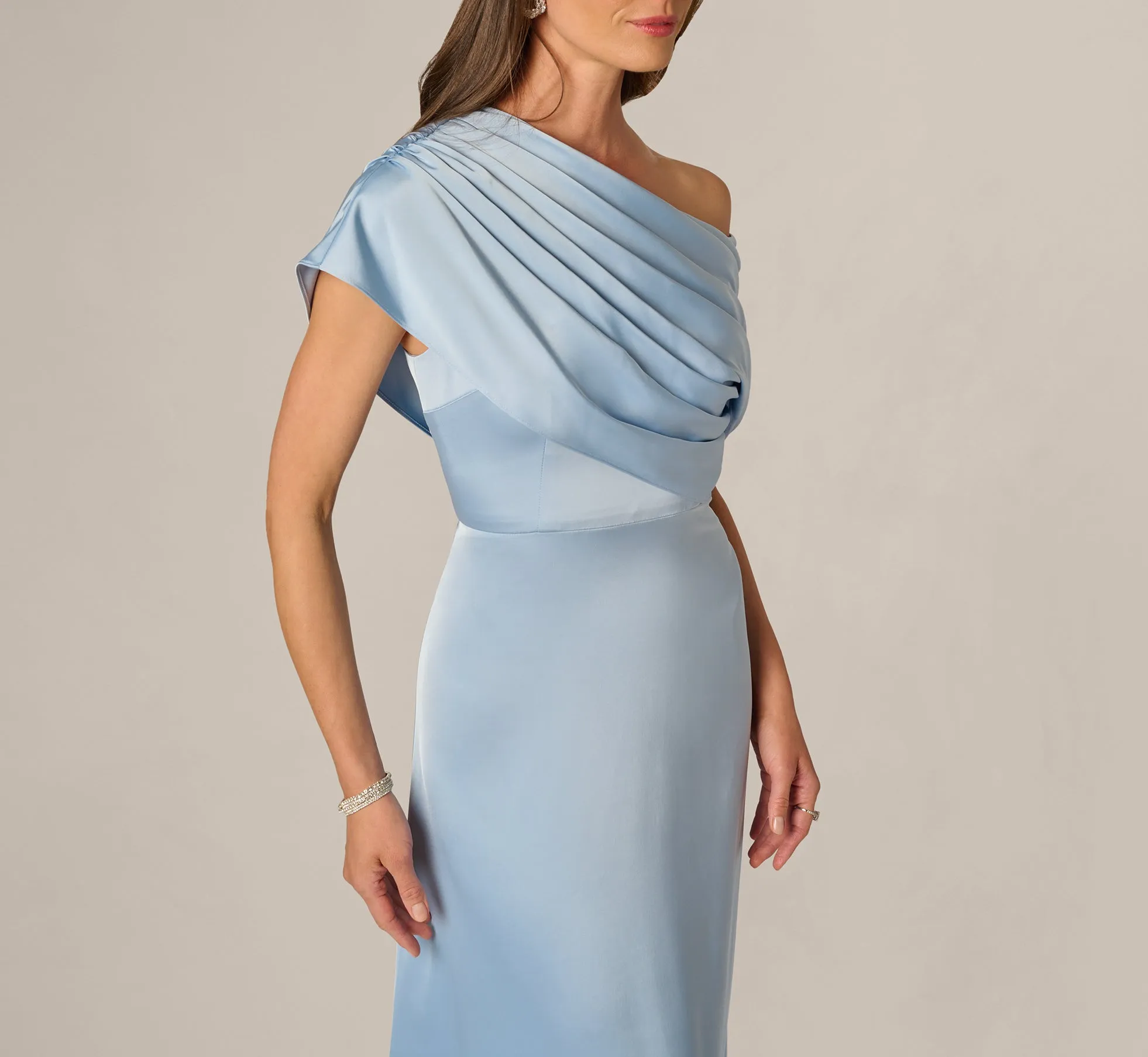 Asymmetrical Draped Neck Stretch Satin Gown In Elegant Sky sold by Adrianna Papell product image thumbnail 4