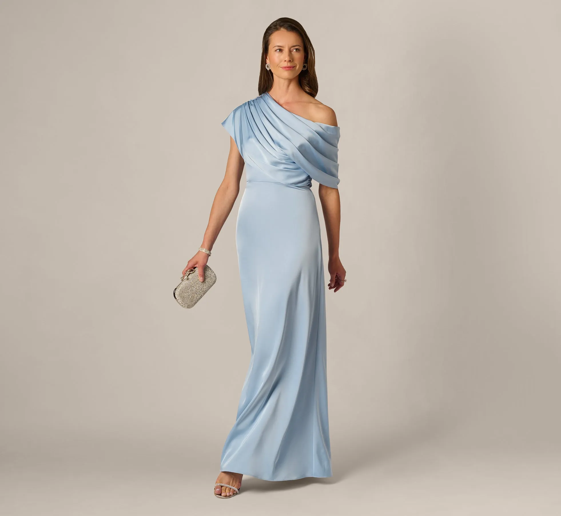 Asymmetrical Draped Neck Stretch Satin Gown In Elegant Sky sold by Adrianna Papell