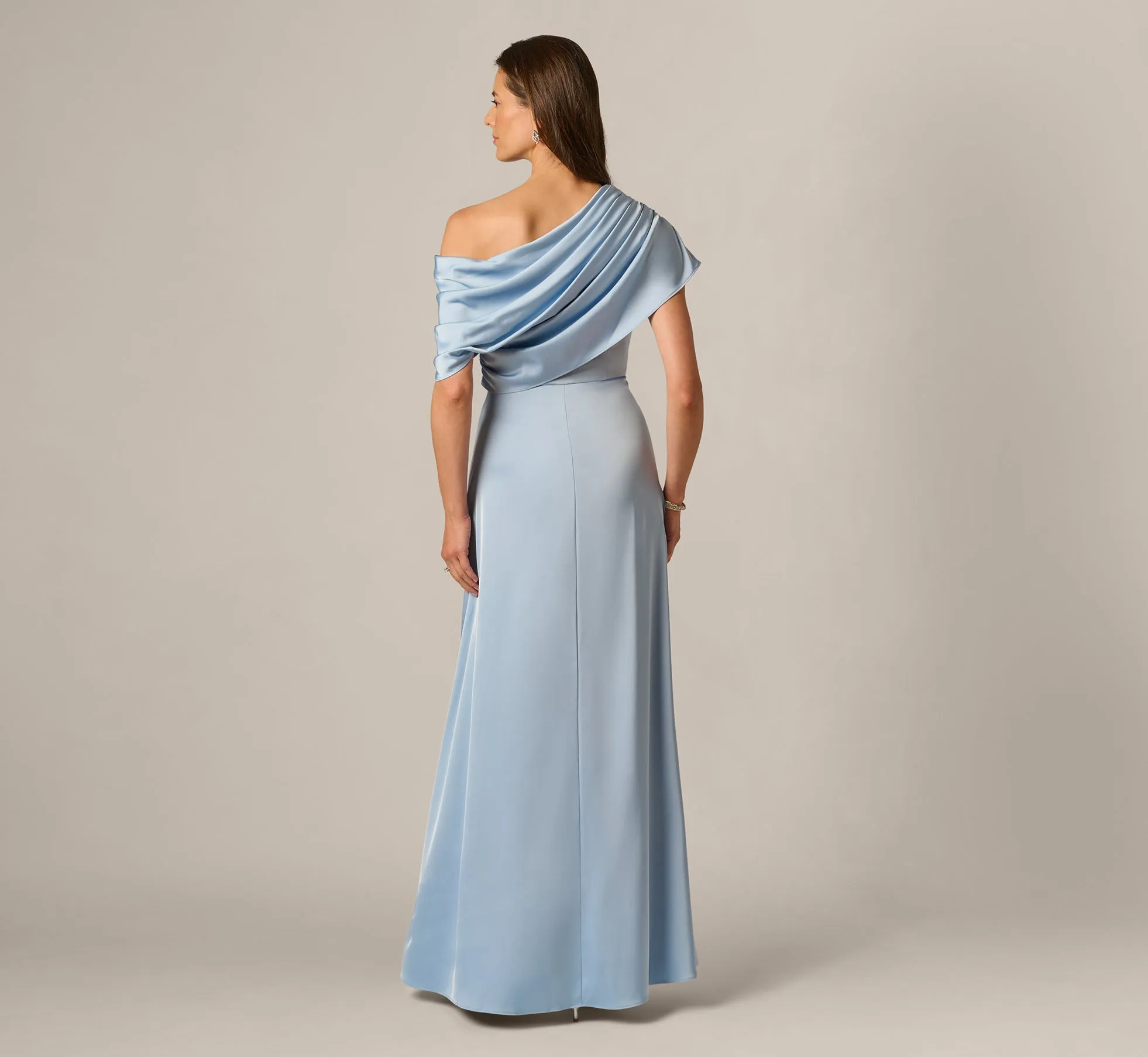 Asymmetrical Draped Neck Stretch Satin Gown In Elegant Sky sold by Adrianna Papell product image thumbnail 5
