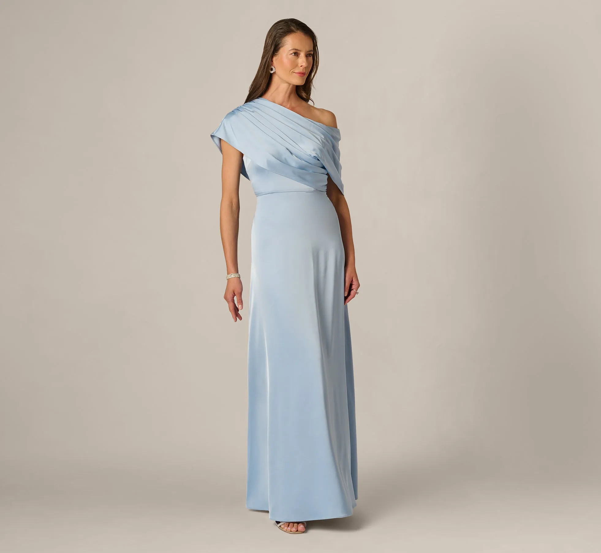 Asymmetrical Draped Neck Stretch Satin Gown In Elegant Sky sold by Adrianna Papell product image thumbnail 2