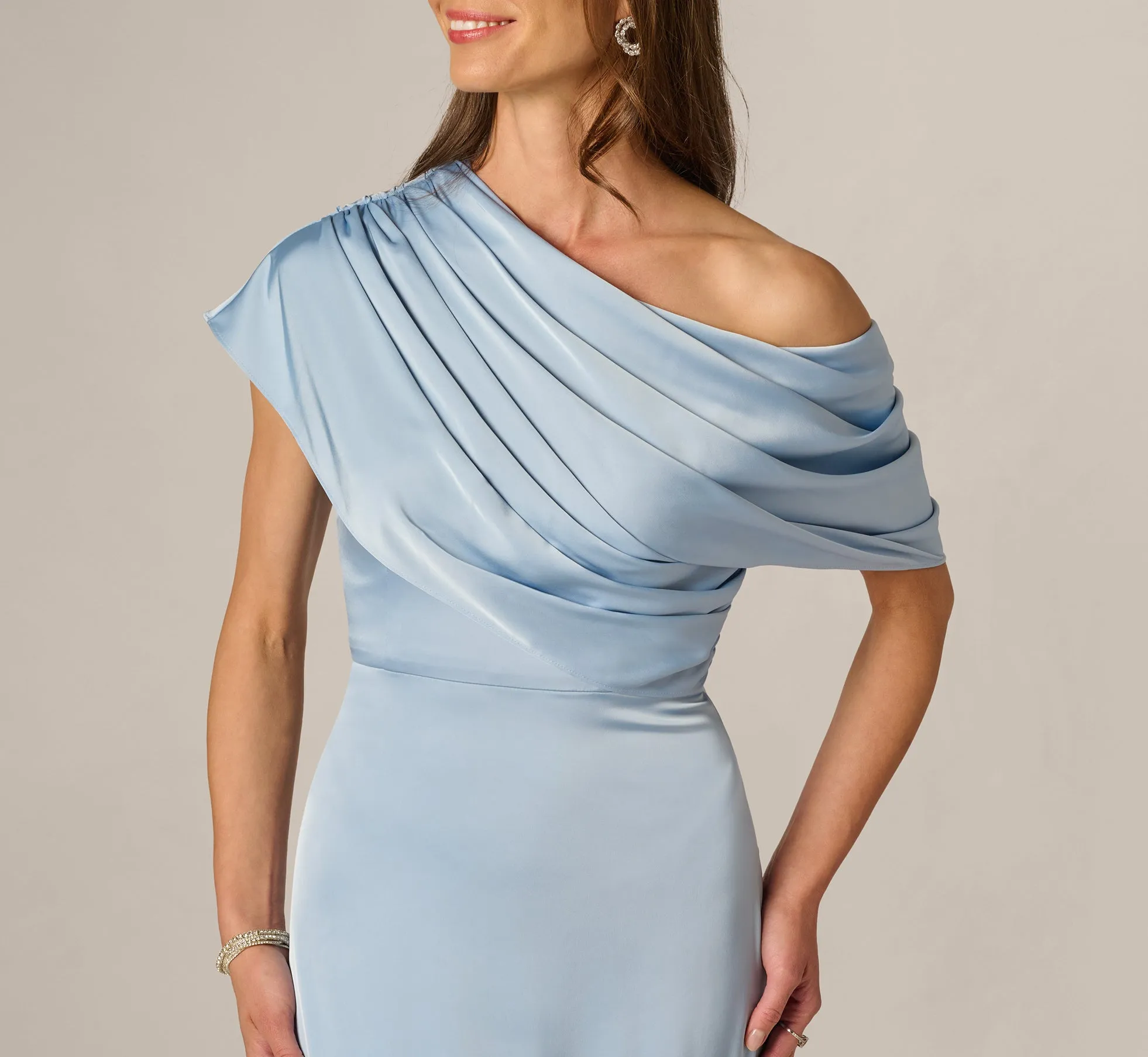 Asymmetrical Draped Neck Stretch Satin Gown In Elegant Sky sold by Adrianna Papell product image thumbnail 3