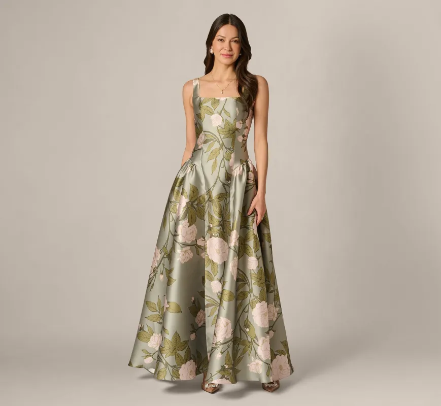 Drop Waist Square Neck Floral Ballgown In Sage Multi made by Adrianna Papell