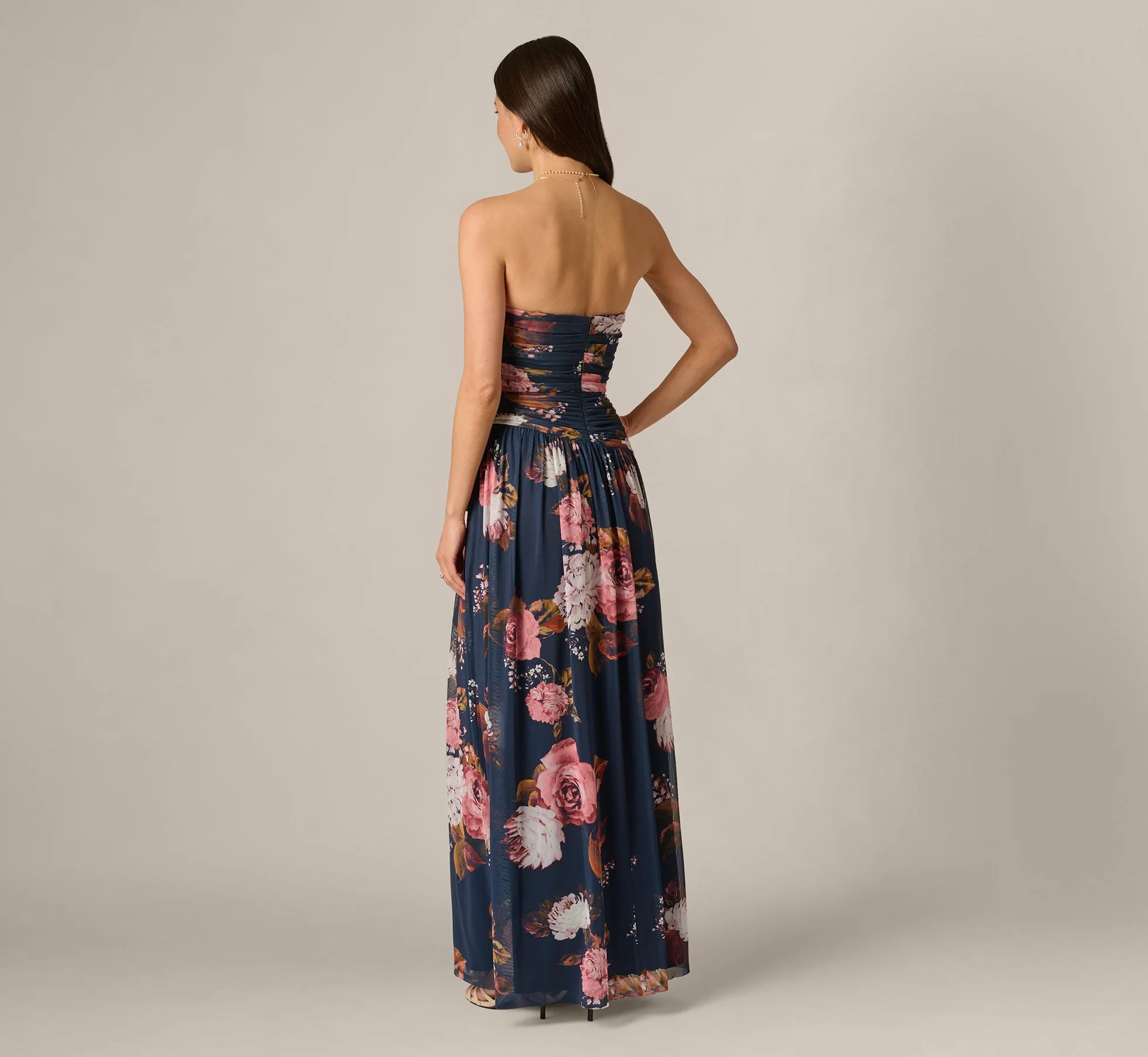 Strapless Ruched Floral Stretch Mesh Gown In Navy Multi sold by Adrianna Papell product image thumbnail 5