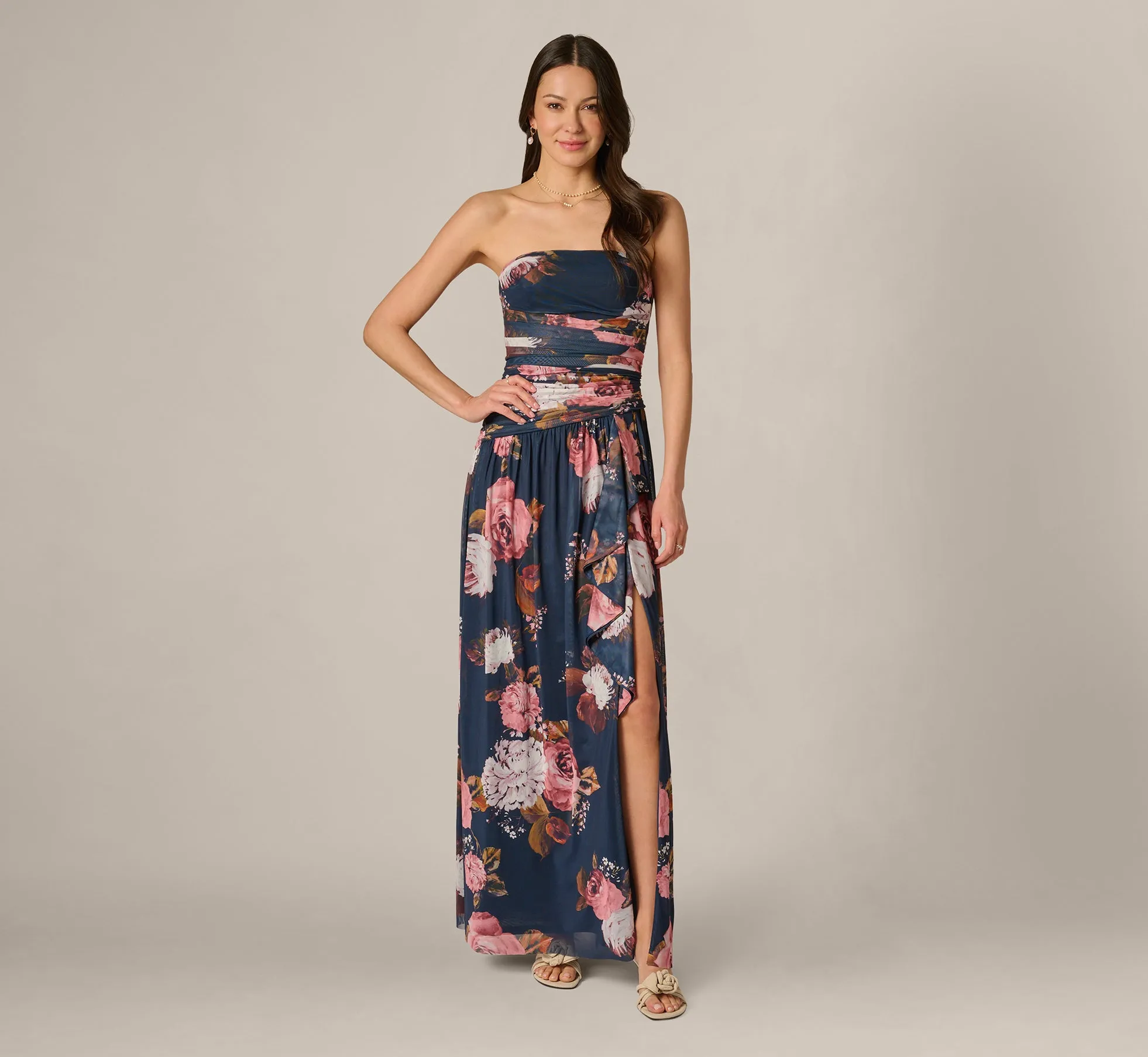 Strapless Ruched Floral Stretch Mesh Gown In Navy Multi sold by Adrianna Papell product image thumbnail 2