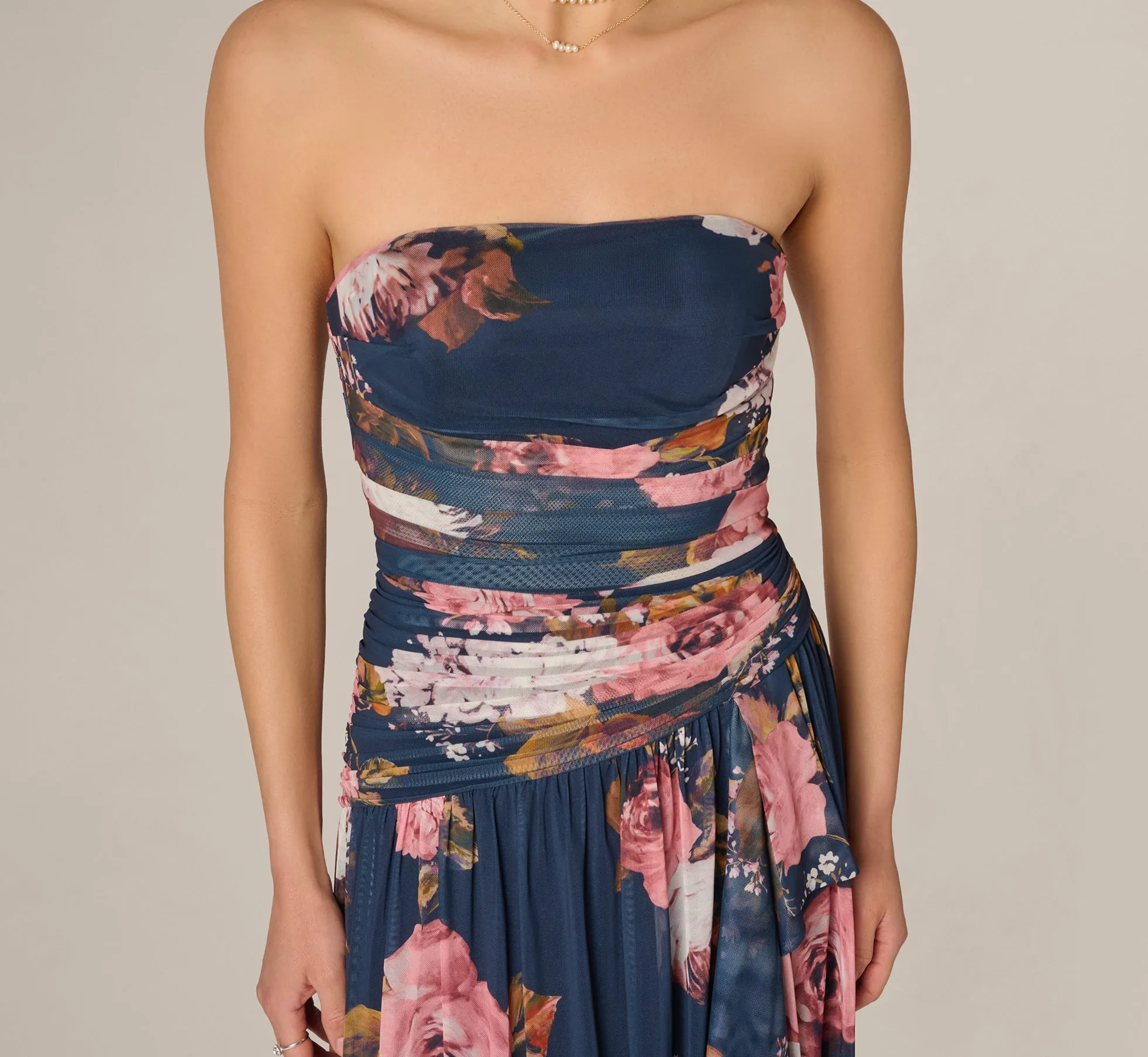 Strapless Ruched Floral Stretch Mesh Gown In Navy Multi sold by Adrianna Papell product image thumbnail 3