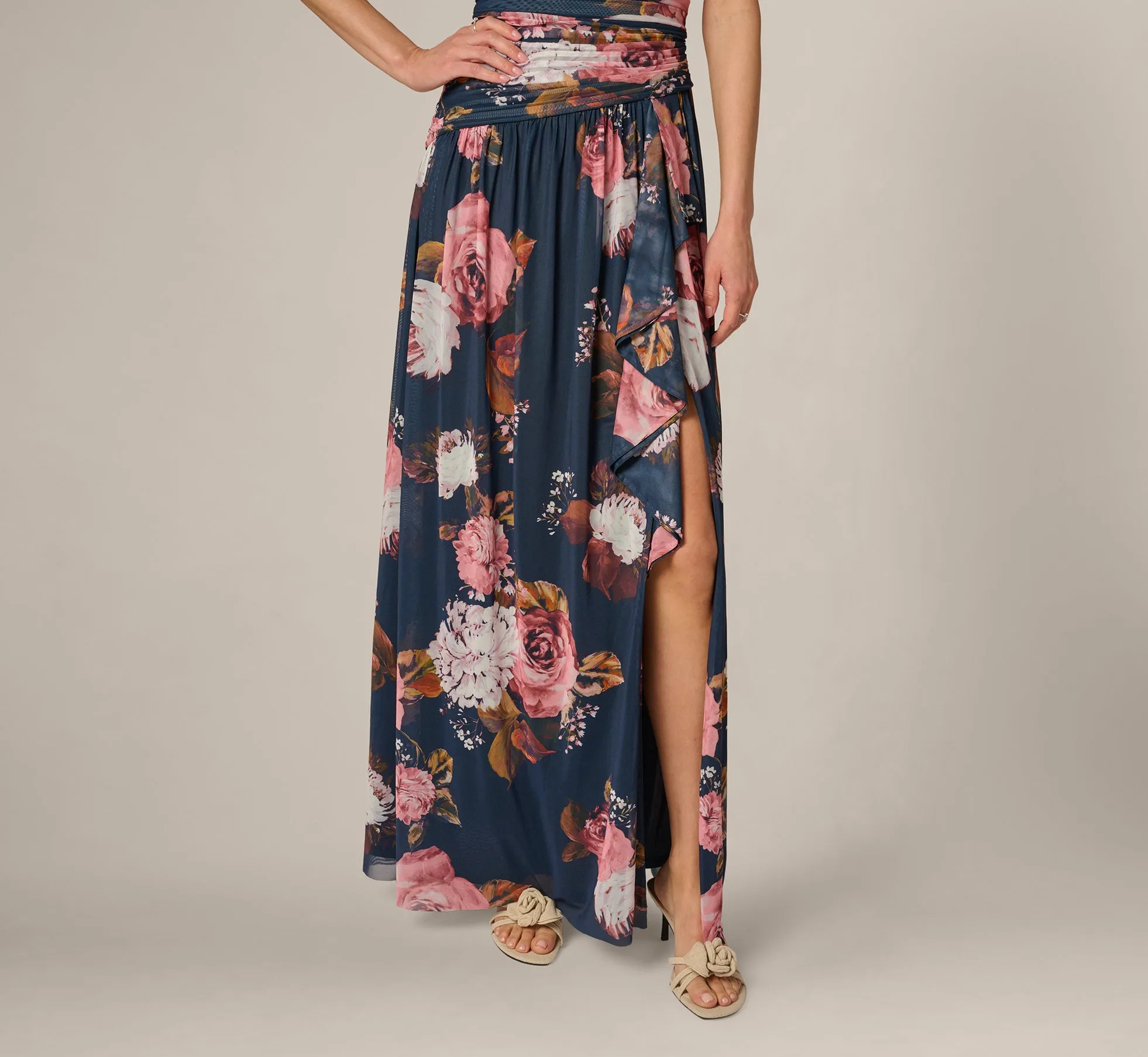Strapless Ruched Floral Stretch Mesh Gown In Navy Multi sold by Adrianna Papell product image thumbnail 4