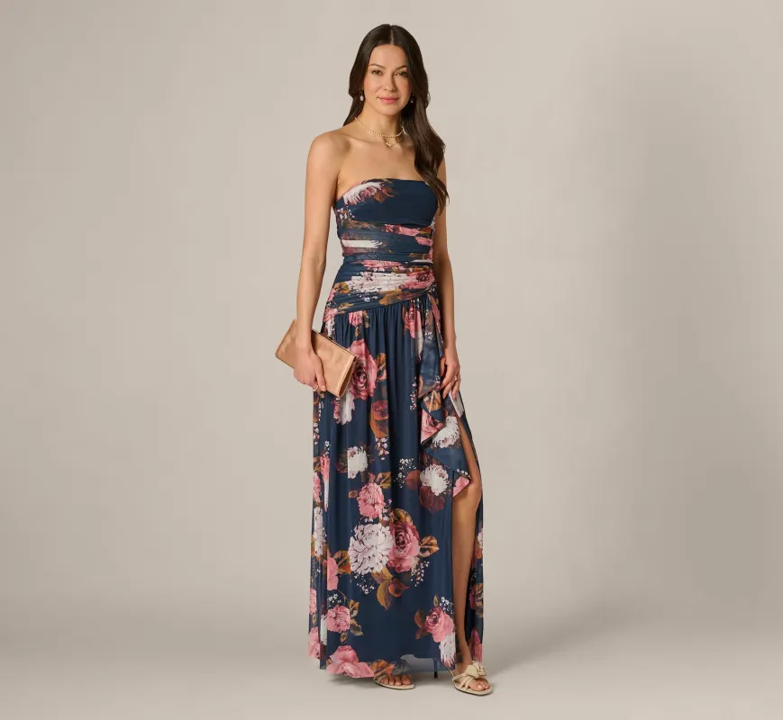 Strapless Ruched Floral Stretch Mesh Gown In Navy Multi made by Adrianna Papell