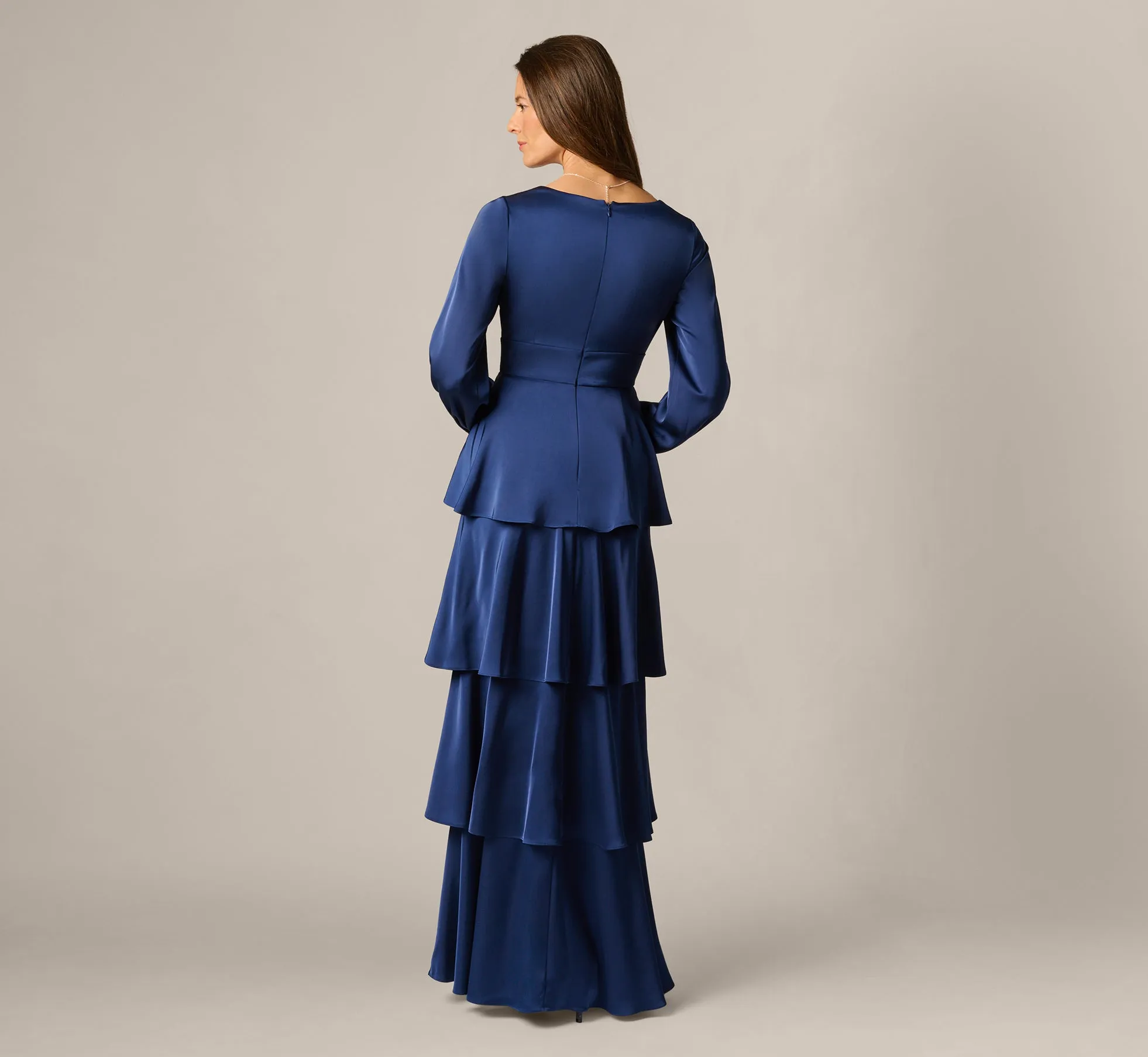 Long Sleeve Satin Tiered Gown In Navy Sateen sold by Adrianna Papell product image thumbnail 5