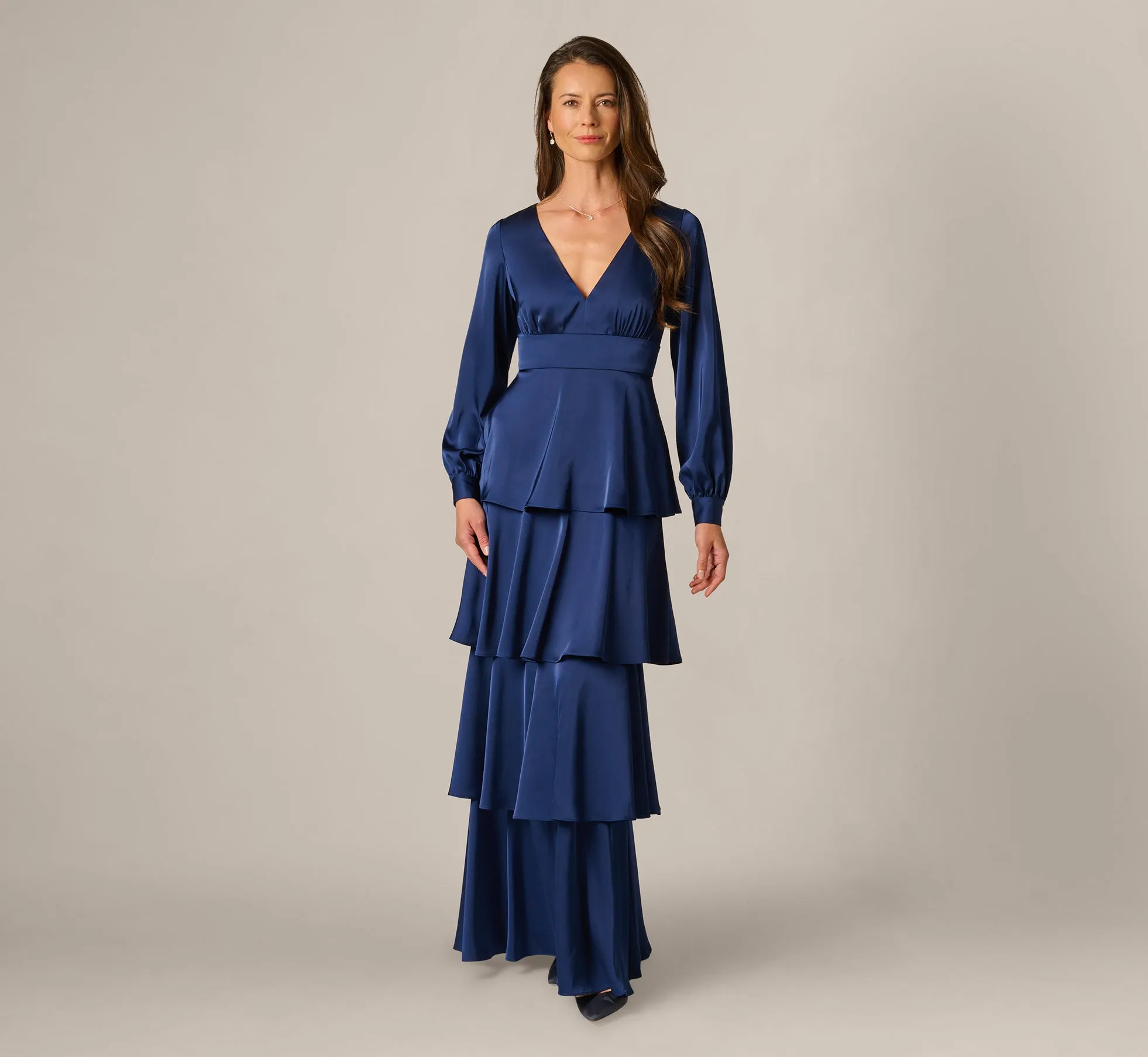 Long Sleeve Satin Tiered Gown In Navy Sateen sold by Adrianna Papell product image thumbnail 2