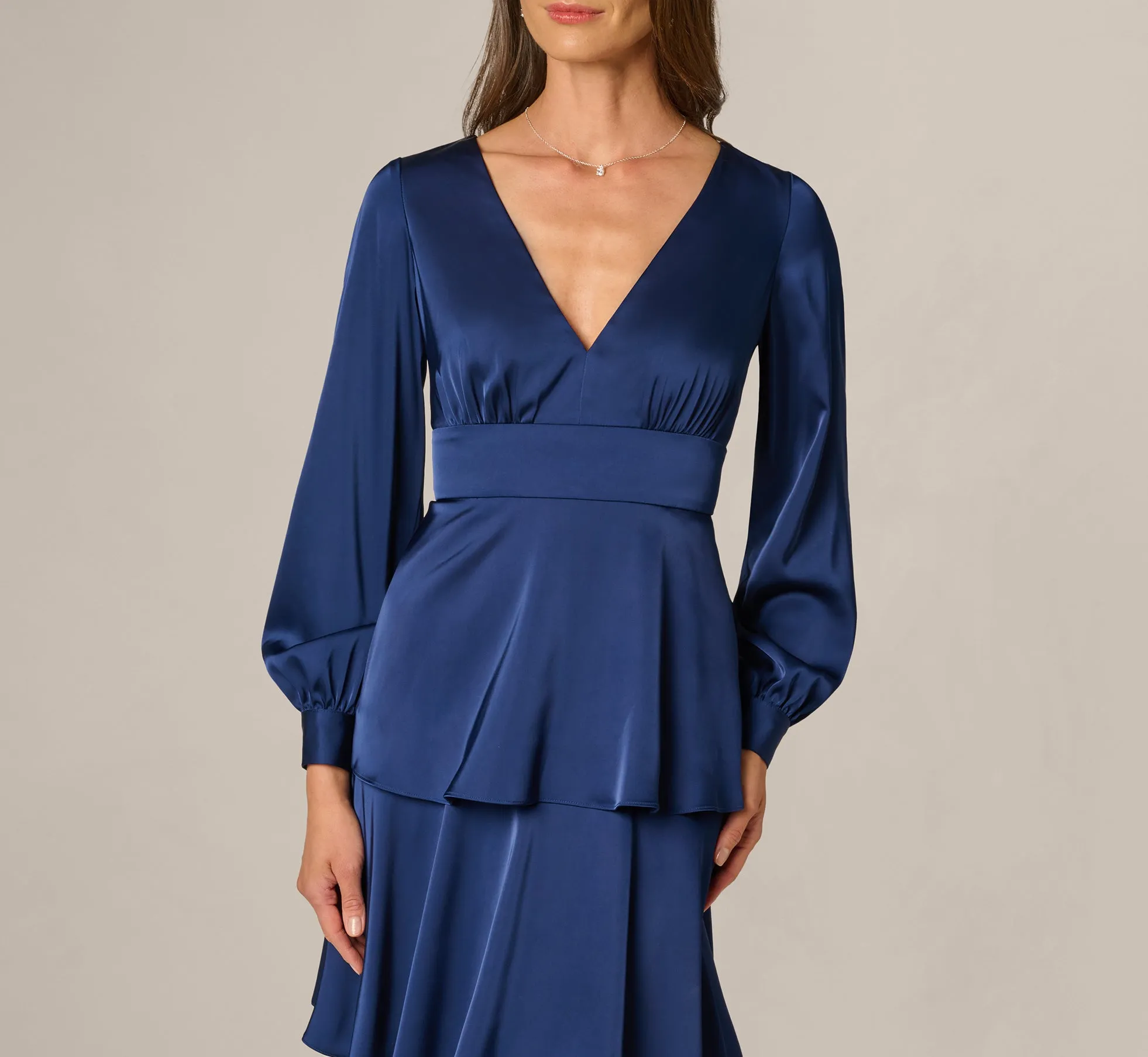 Long Sleeve Satin Tiered Gown In Navy Sateen sold by Adrianna Papell product image thumbnail 3