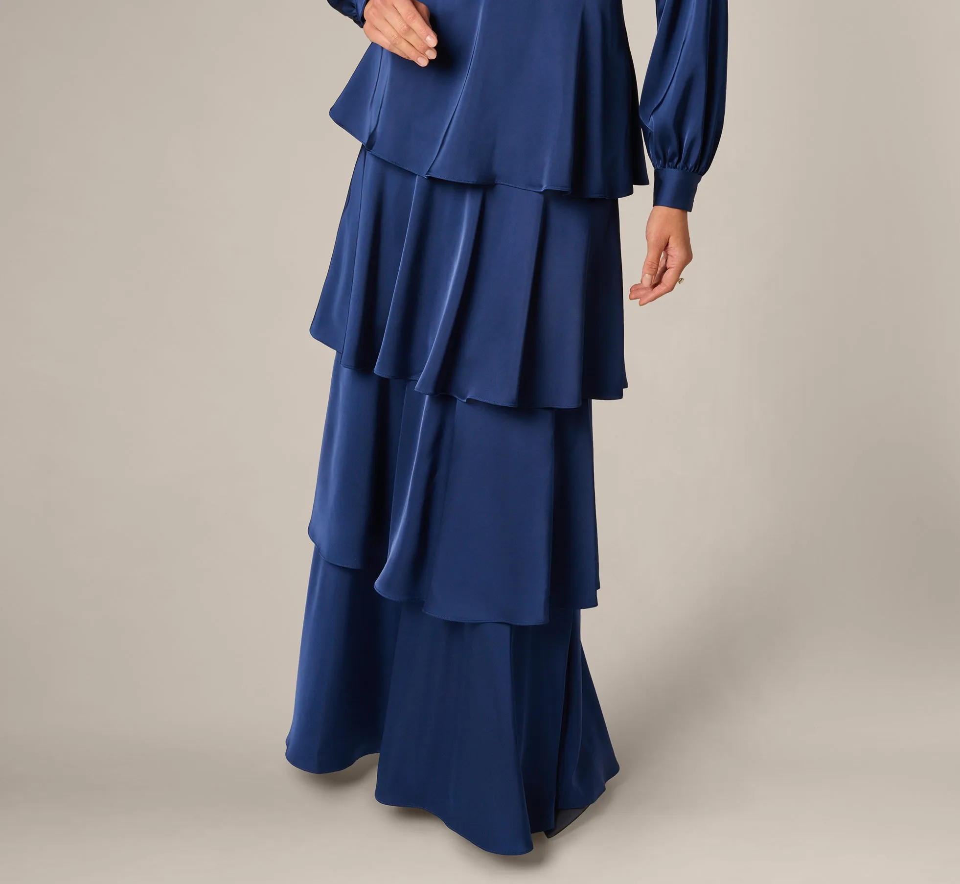 Long Sleeve Satin Tiered Gown In Navy Sateen sold by Adrianna Papell product image thumbnail 4