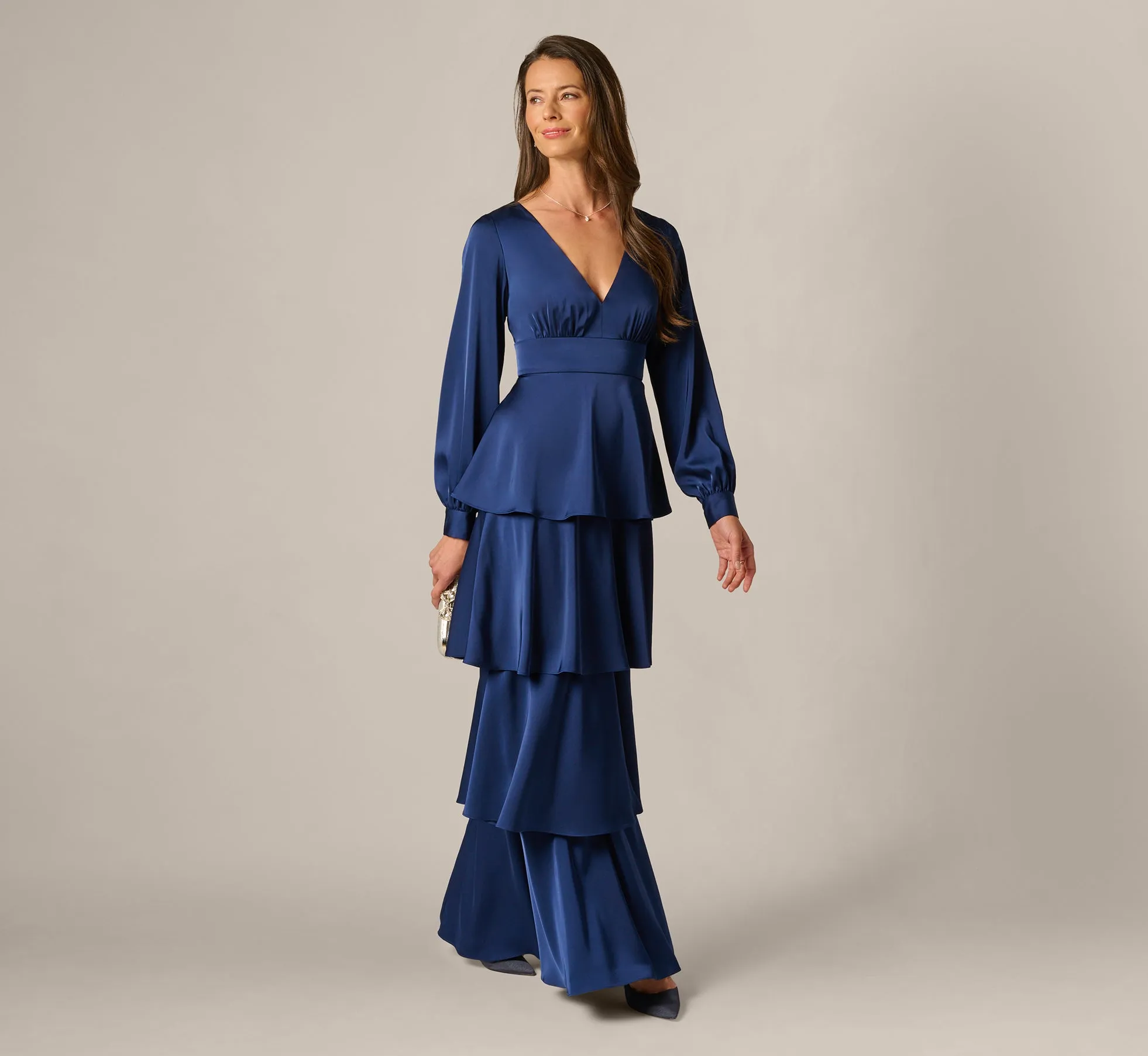 Long Sleeve Satin Tiered Gown In Navy Sateen sold by Adrianna Papell