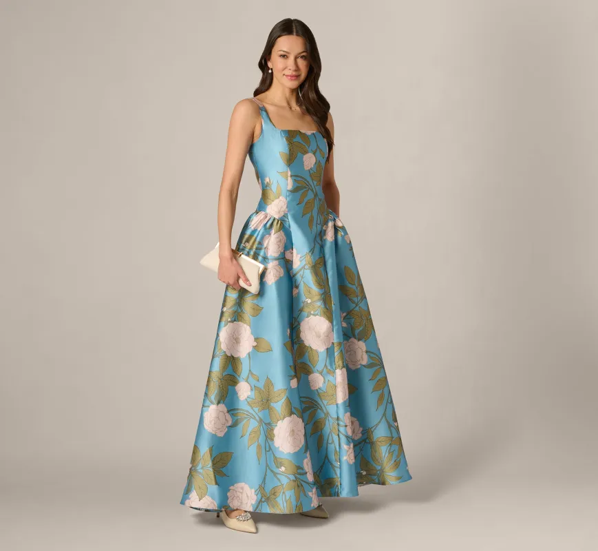 Drop Waist Square Neck Floral Ballgown In Blue Multi made by Adrianna Papell