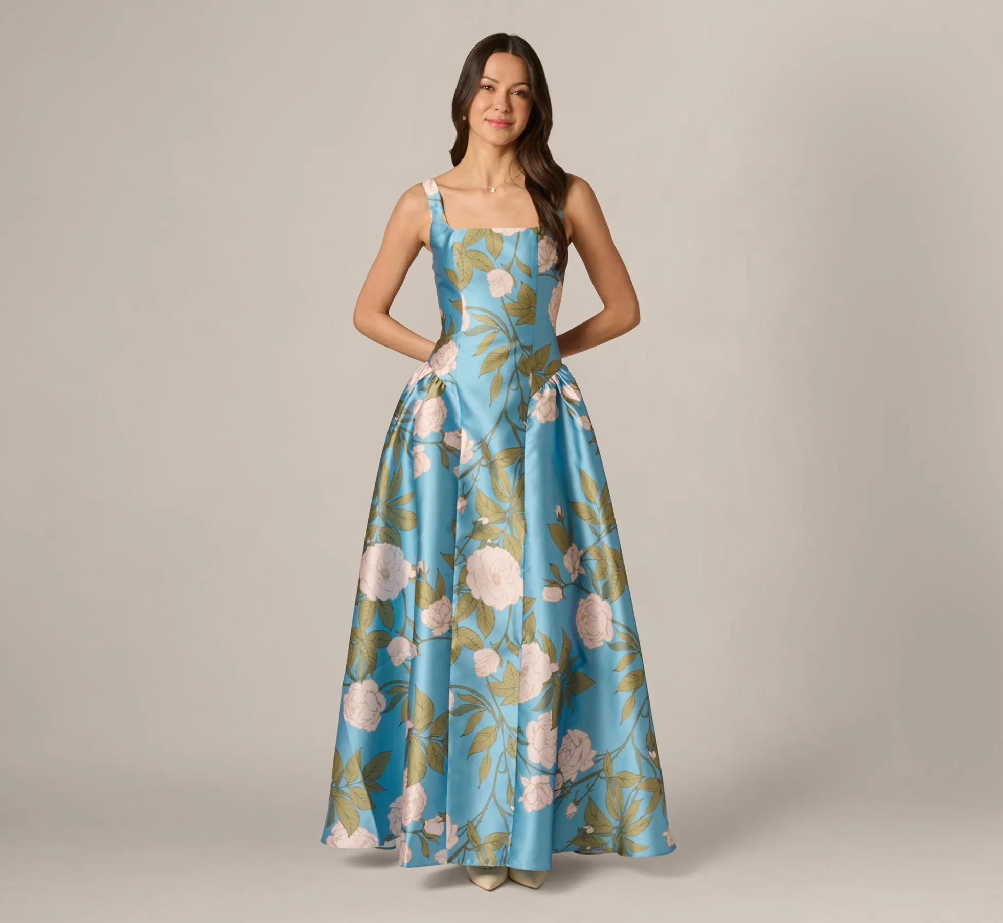 Drop Waist Square Neck Floral Ballgown In Blue Multi sold by Adrianna Papell product image thumbnail 2